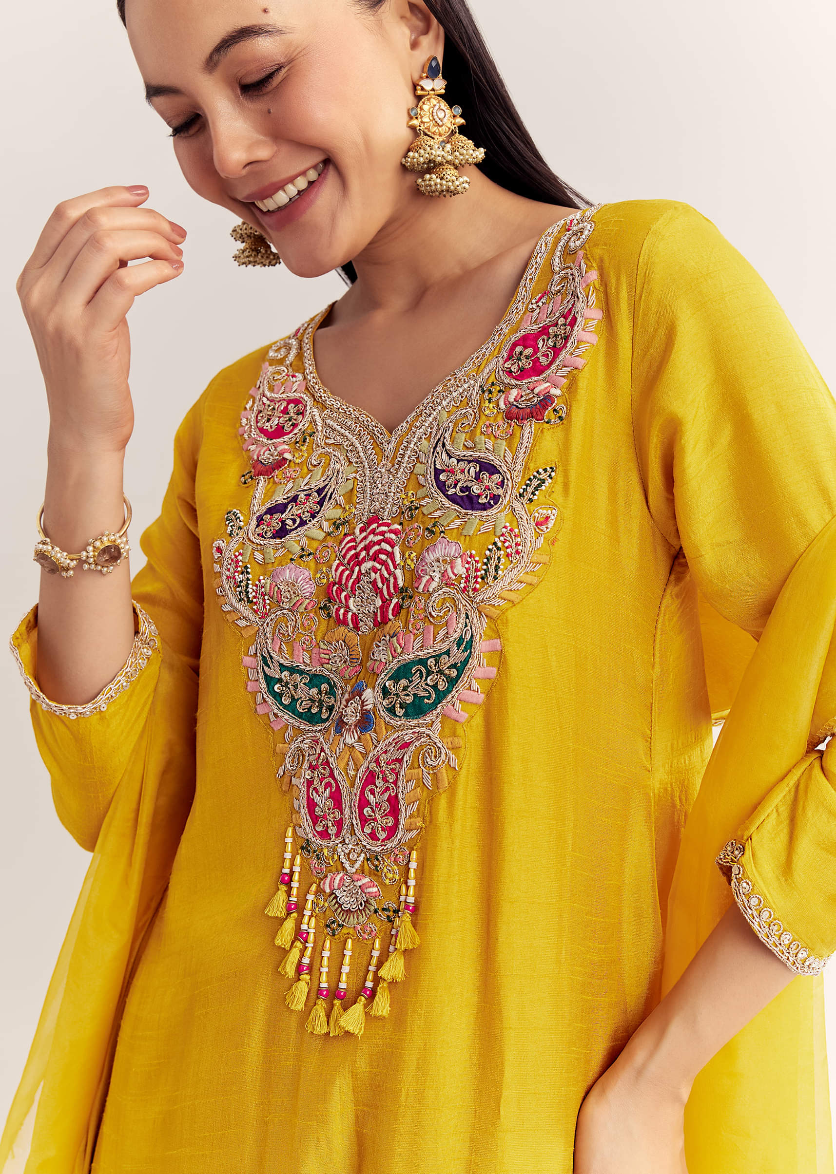 Yellow Dola Silk Kurta Dupatta Set With Zardosi And Thread Work - Image 2