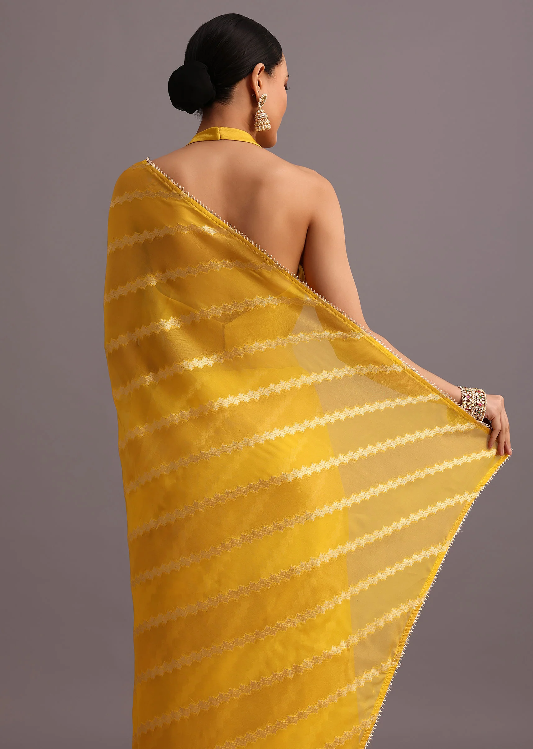 Yellow Dola Silk Leheriya Woven Saree With Gotta Patti Border - Image 4
