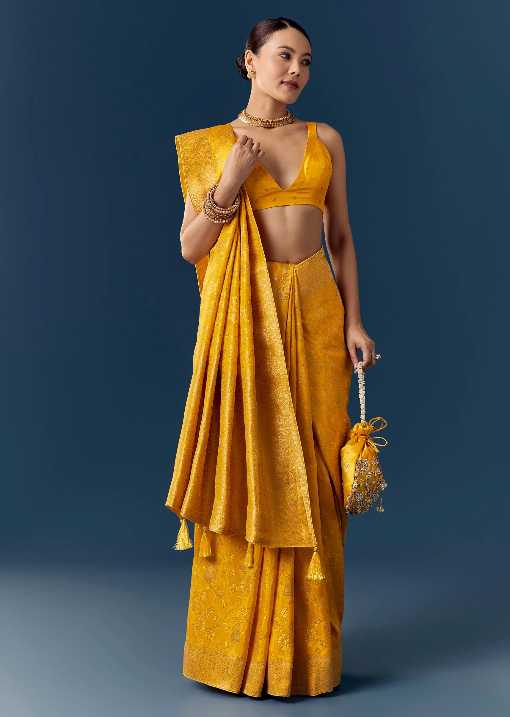 Yellow Dola Silk Saree with Floral Jaal Weave - Image 3