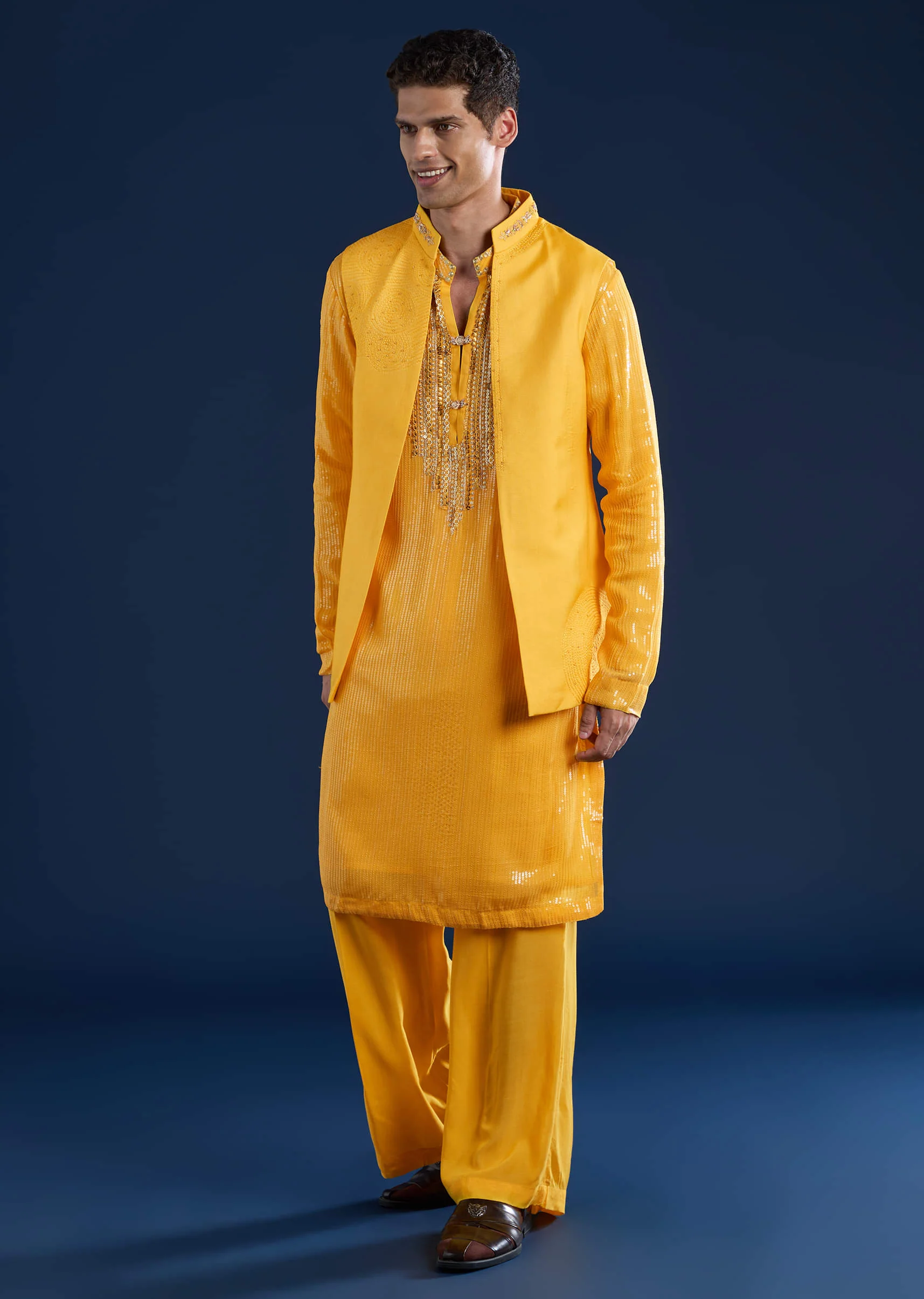 Yellow Embellished Kurta and Jacket Set