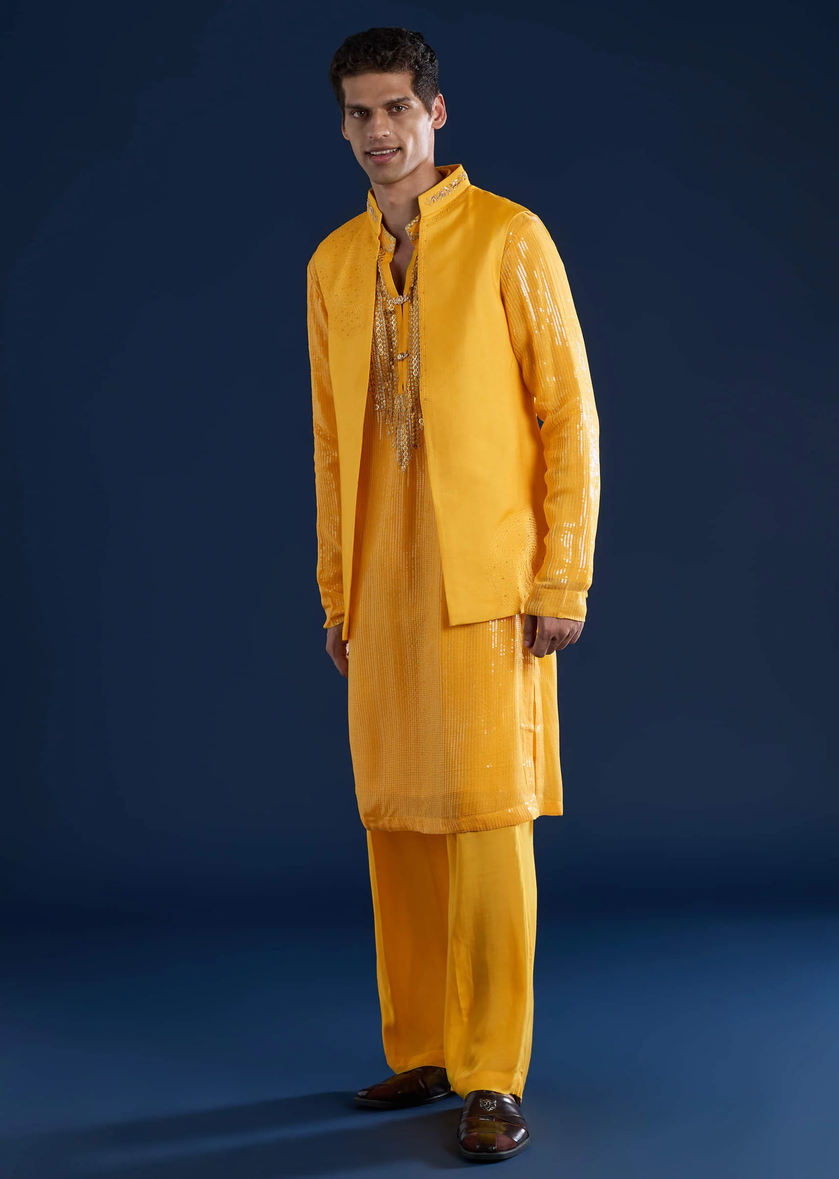 Yellow Embellished Kurta and Jacket Set - Image 3