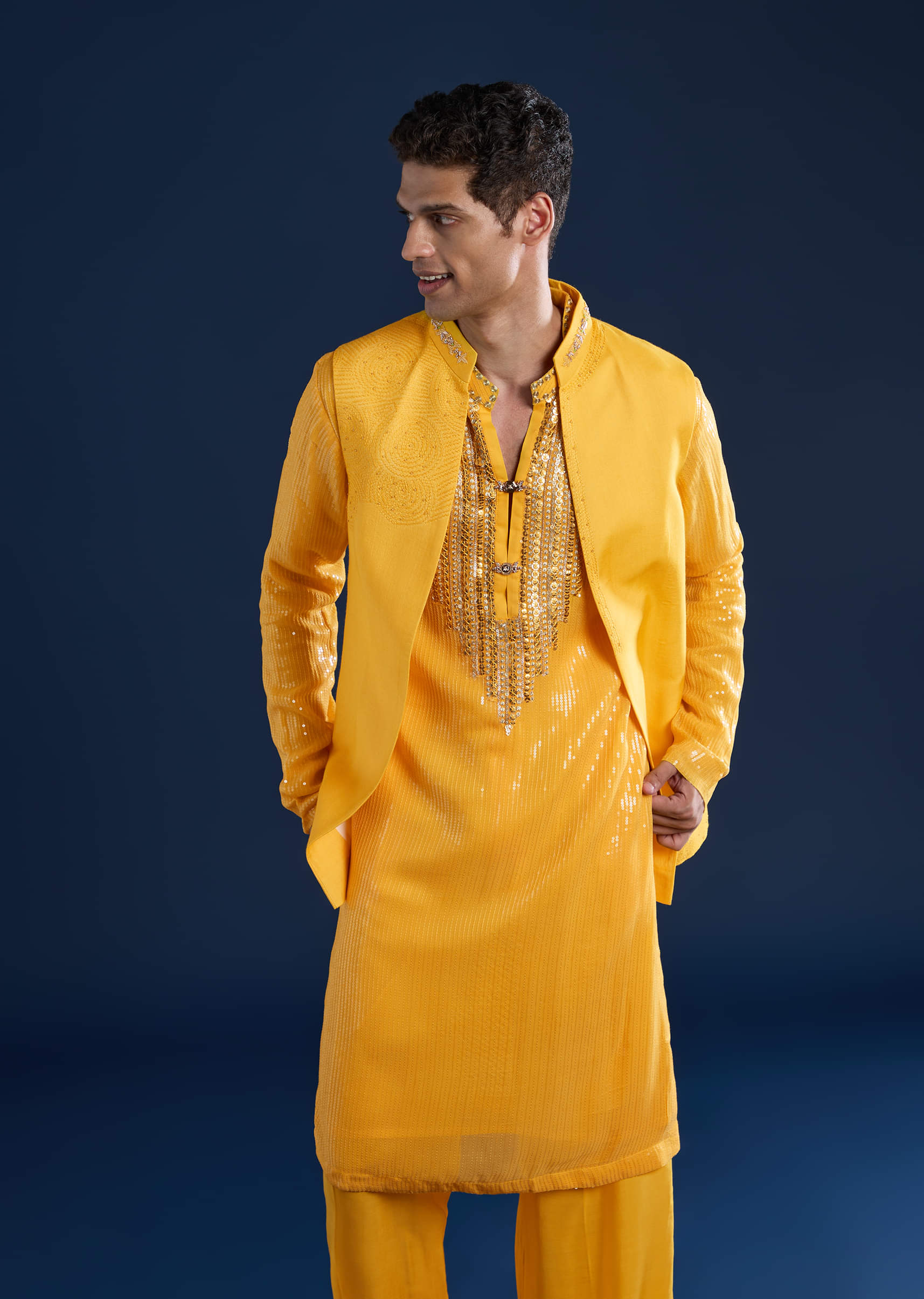 Yellow Embellished Kurta and Jacket Set - Image 4