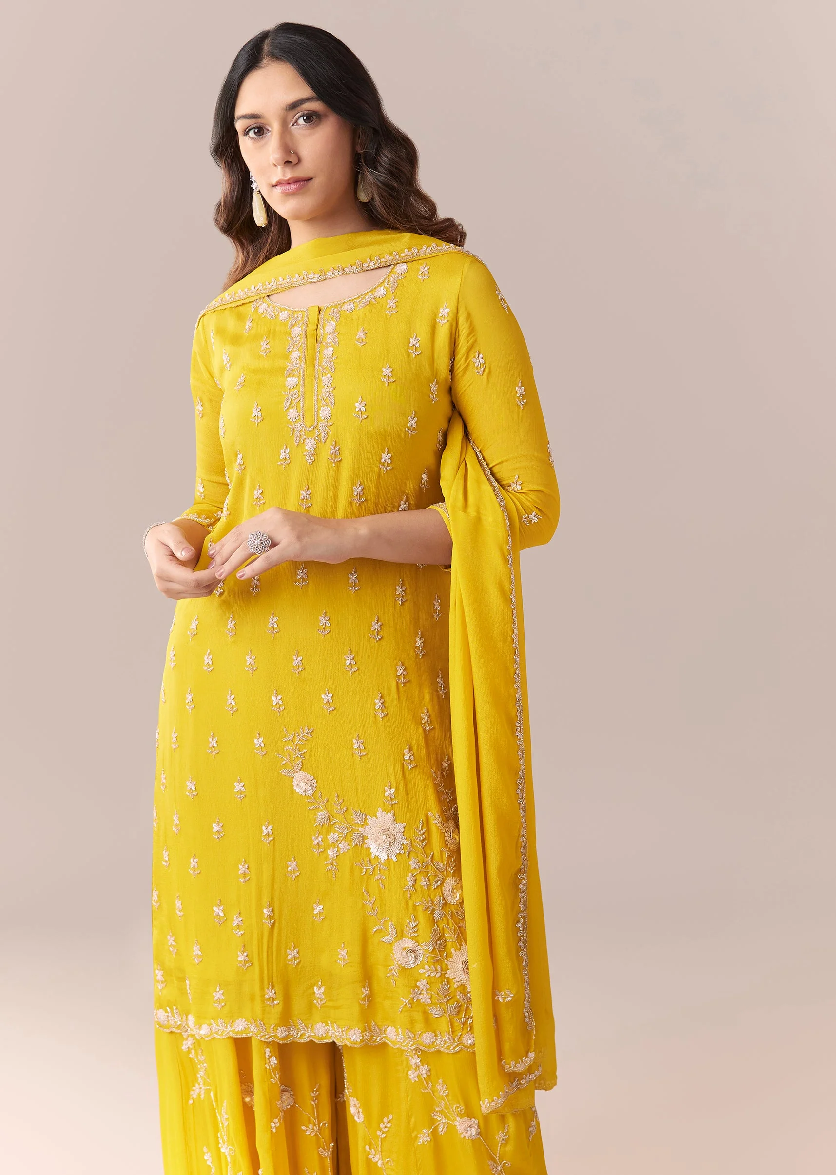 Yellow Embellished Palazzo Suit Set With Dupatta - Image 4