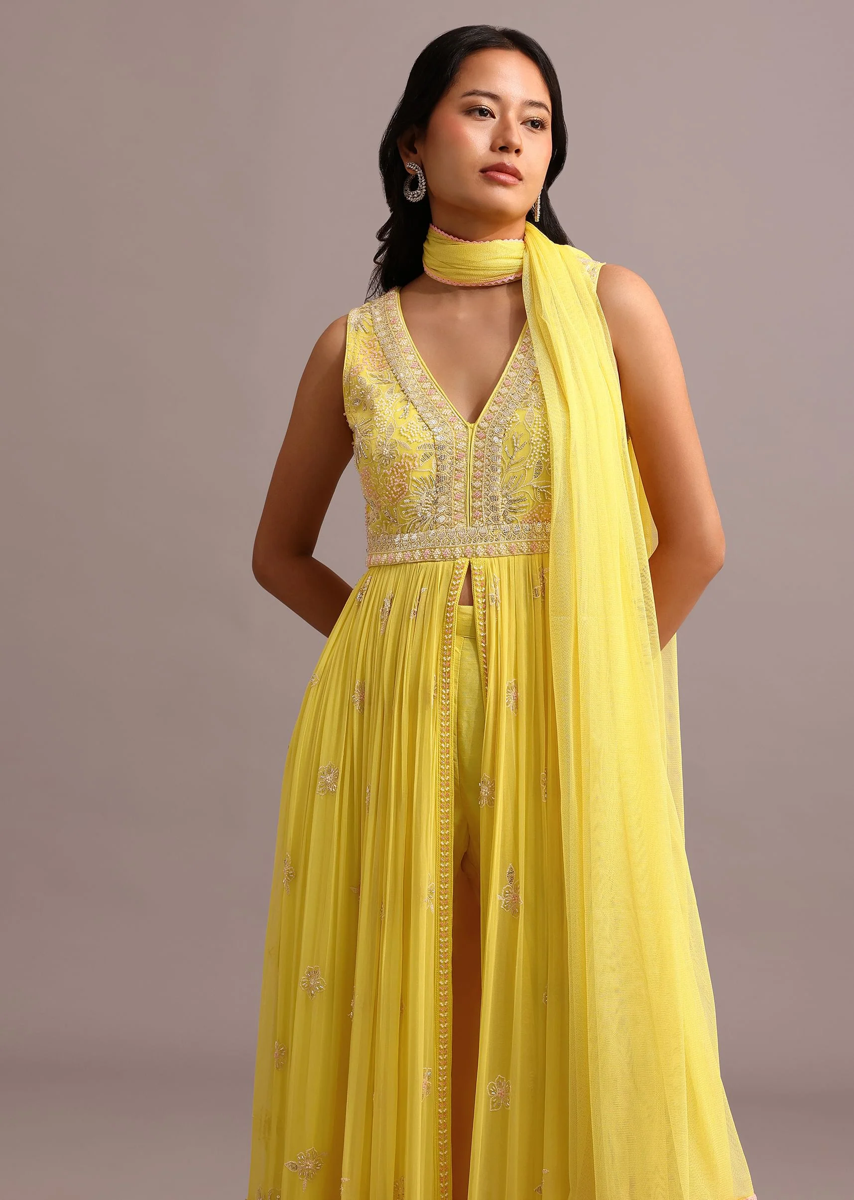 Yellow Embroidered Anarkali Pant Suit With Net Dupatta - Image 4