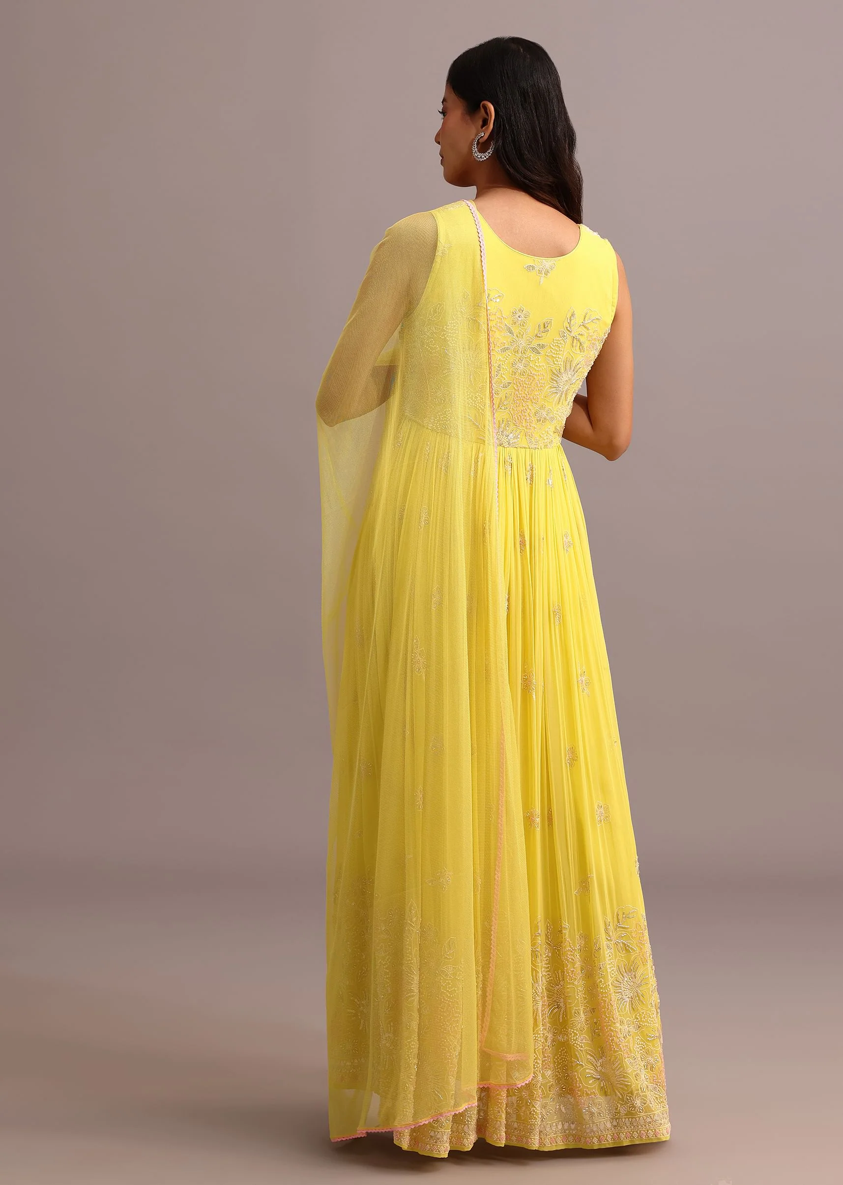 Yellow Embroidered Anarkali Pant Suit With Net Dupatta - Image 5