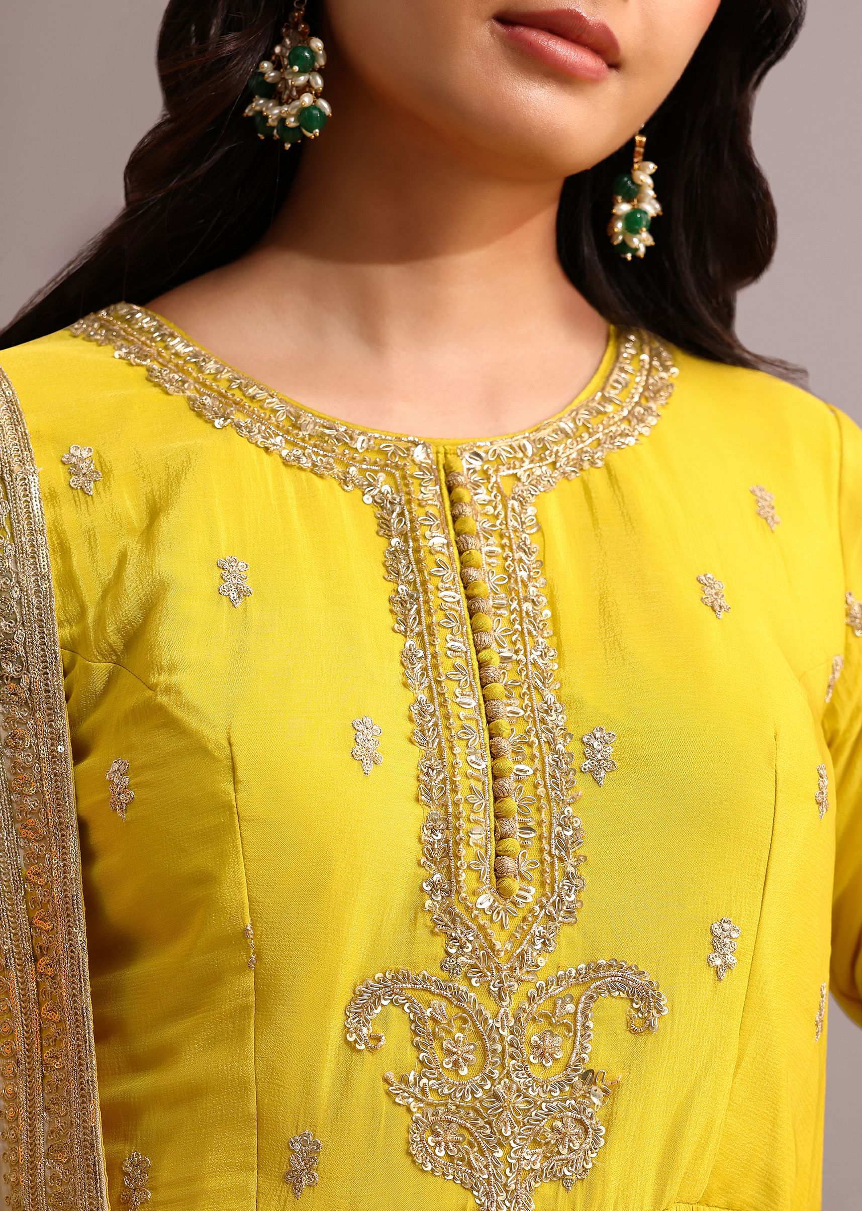 Yellow Embroidered Anarkali With Floral Printed Organza Dupatta - Image 2