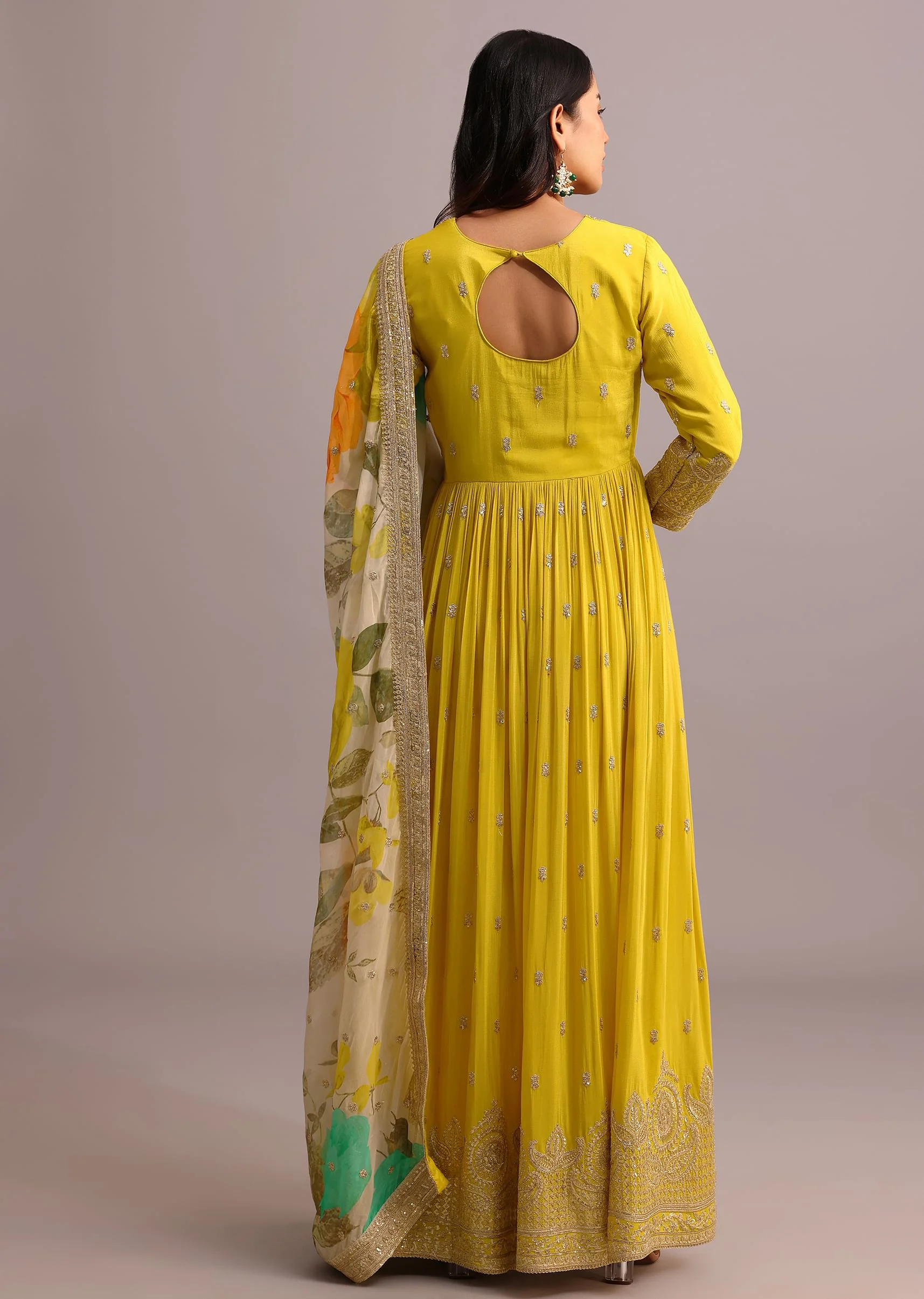 Yellow Embroidered Anarkali With Floral Printed Organza Dupatta - Image 5