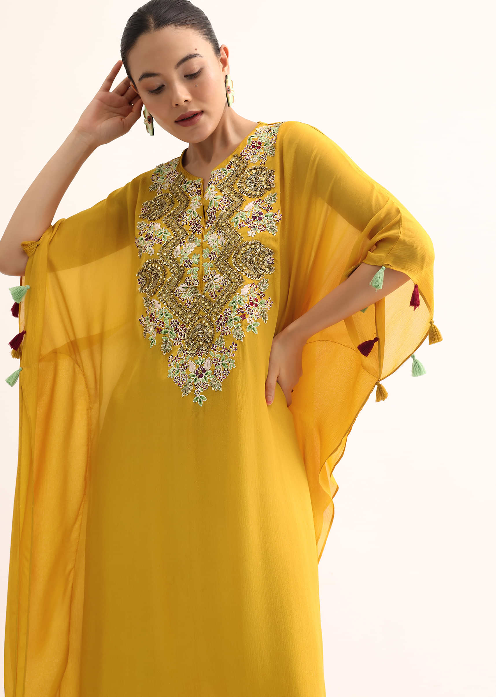 Yellow Embroidered Kaftan Kurta Set - Image 4