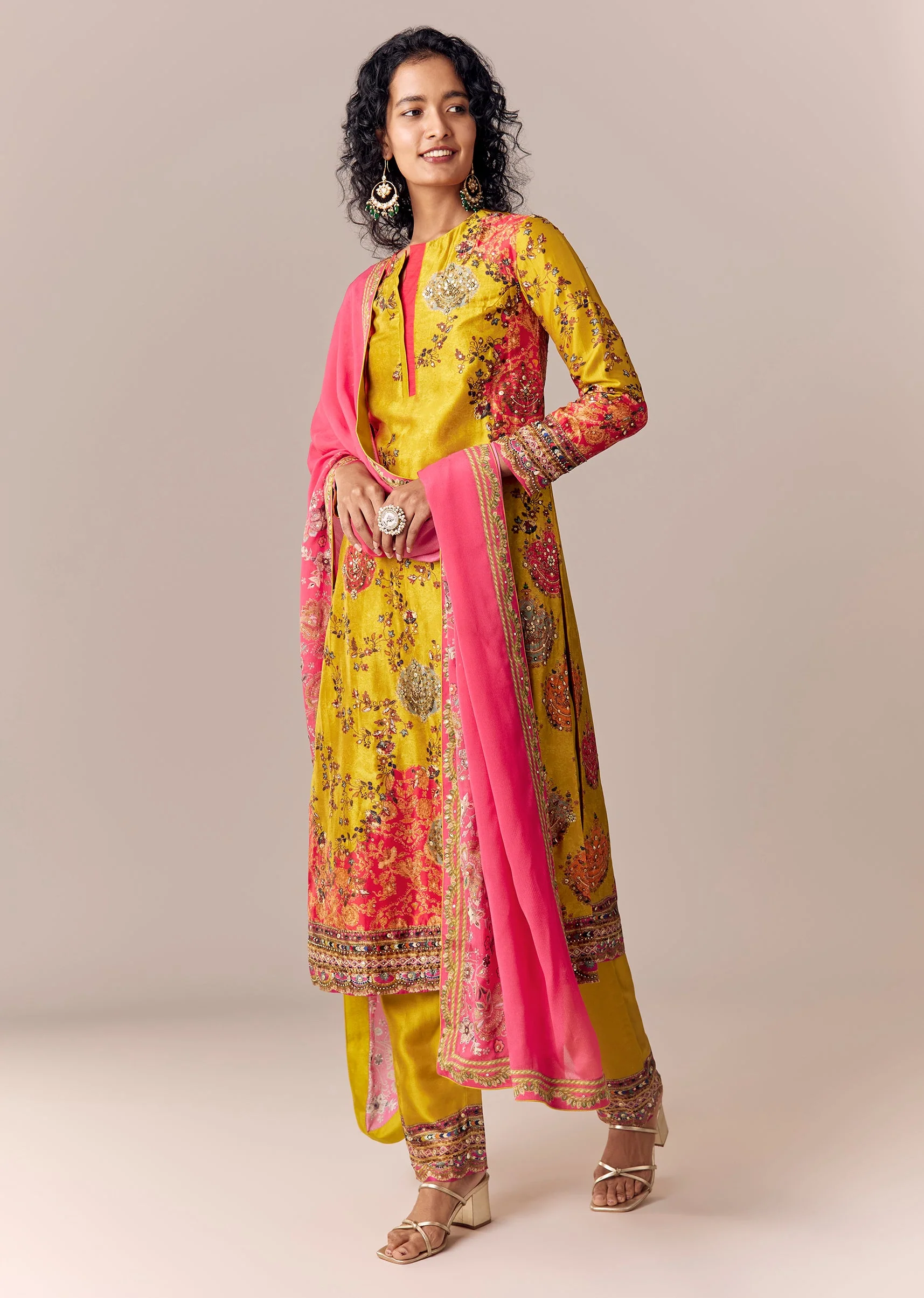 Yellow Embroidered Kurta Pant Set With Dupatta