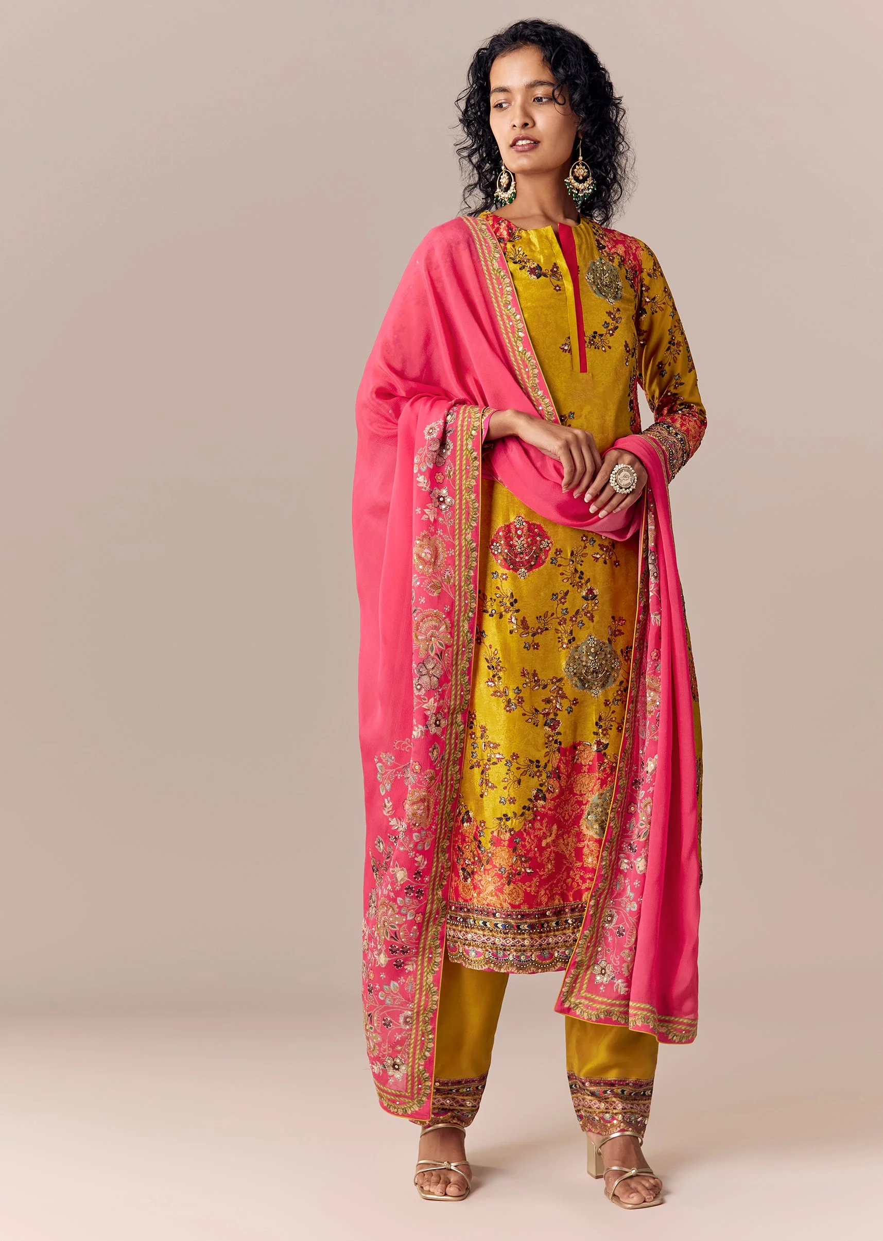 Yellow Embroidered Kurta Pant Set With Dupatta - Image 3