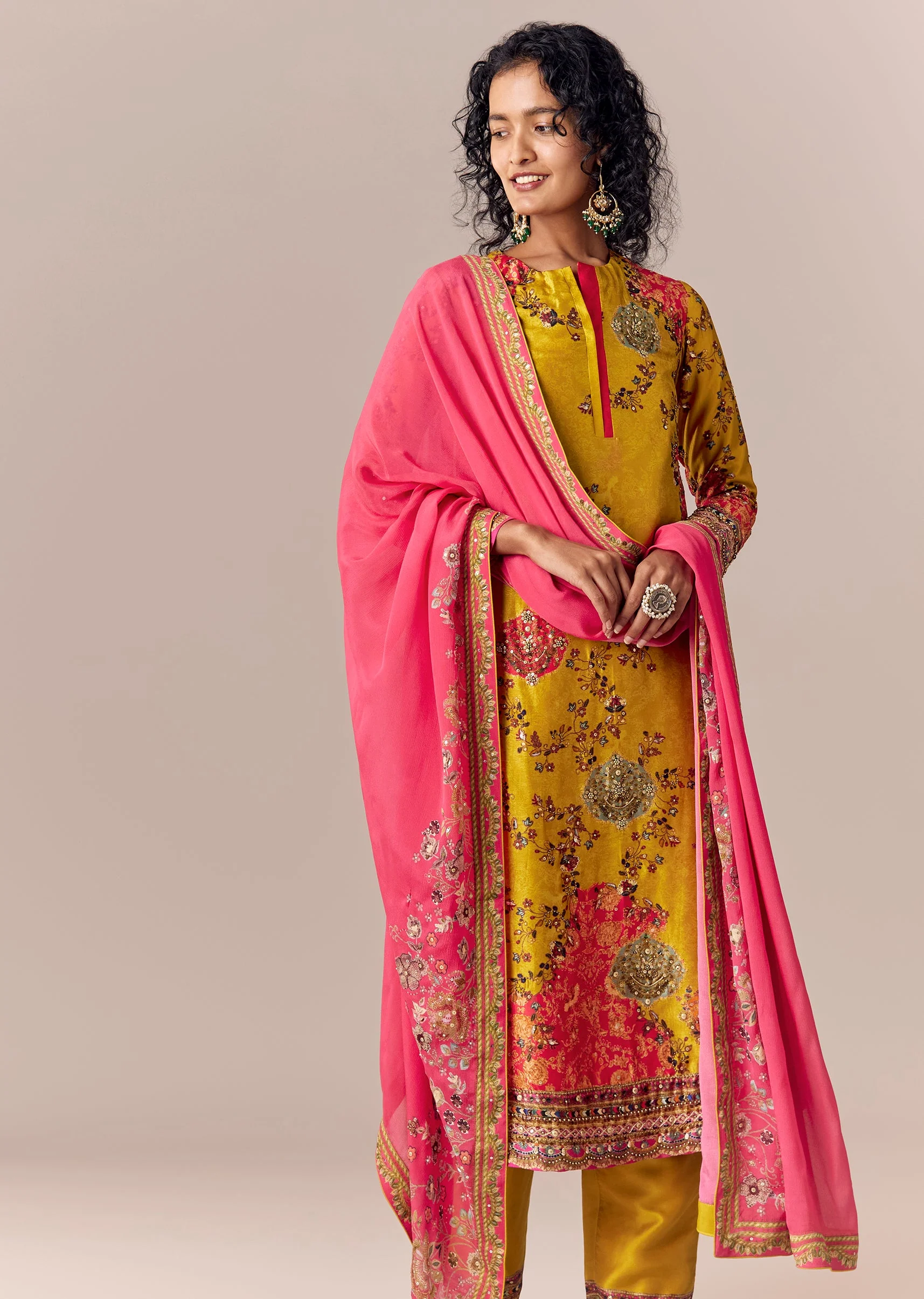 Yellow Embroidered Kurta Pant Set With Dupatta - Image 4