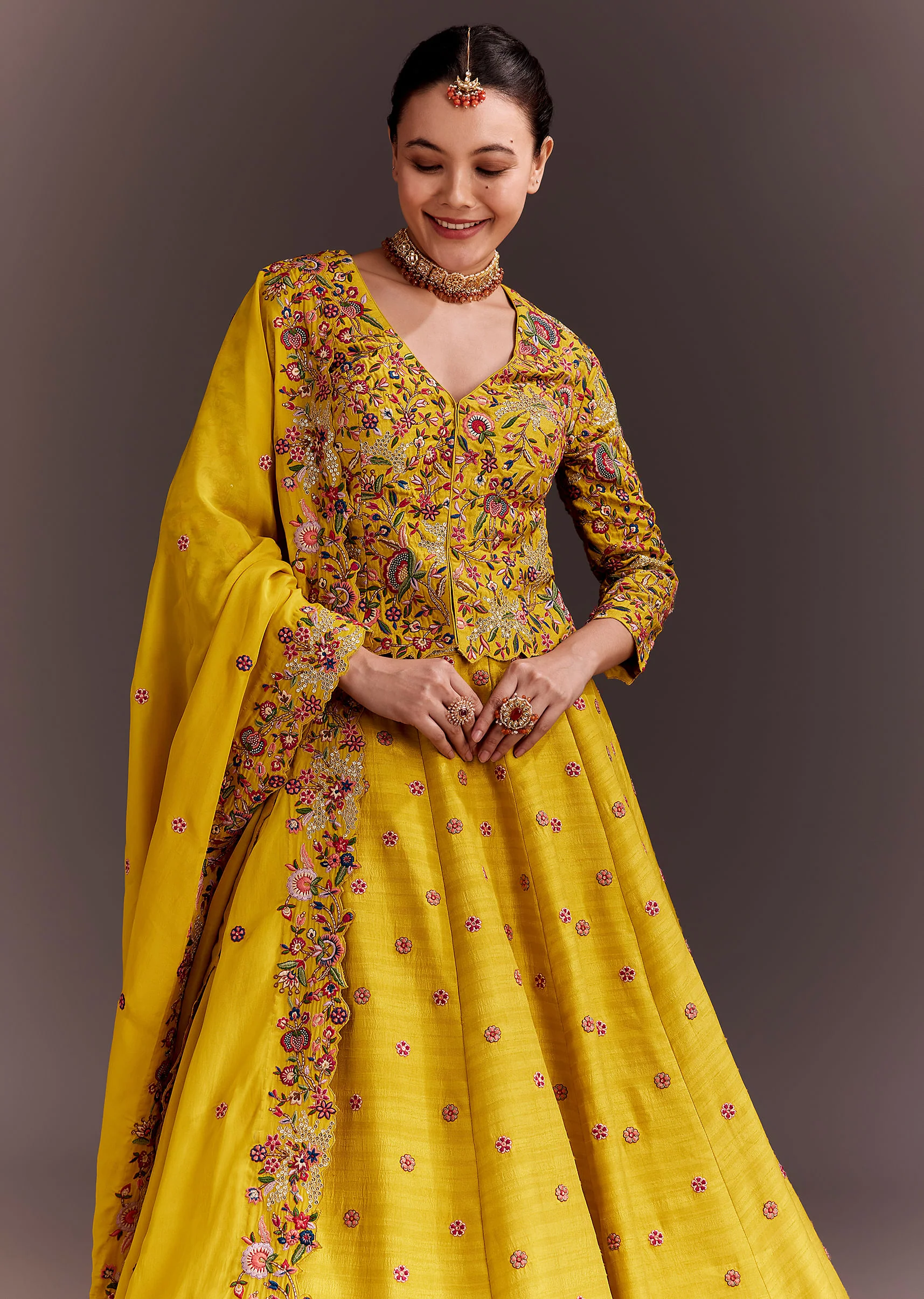 Yellow Embroidered Lehenga Set With Short Kurta And Dupatta - Image 2