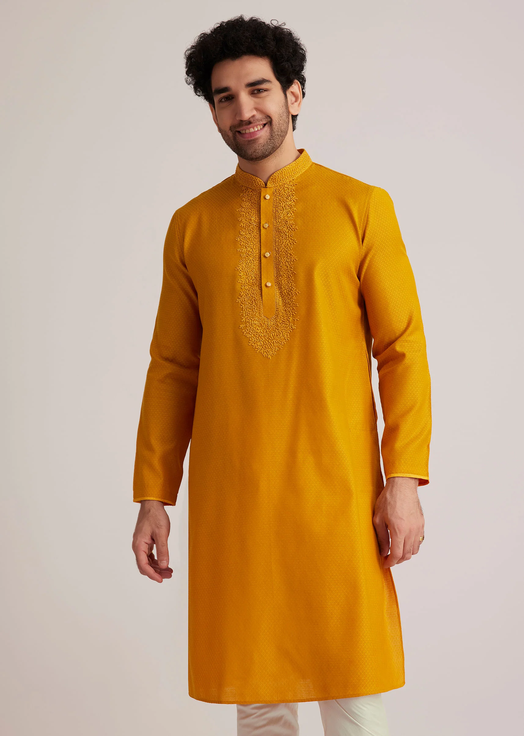 Yellow Embroidered Silk Kurta Set - Image 3