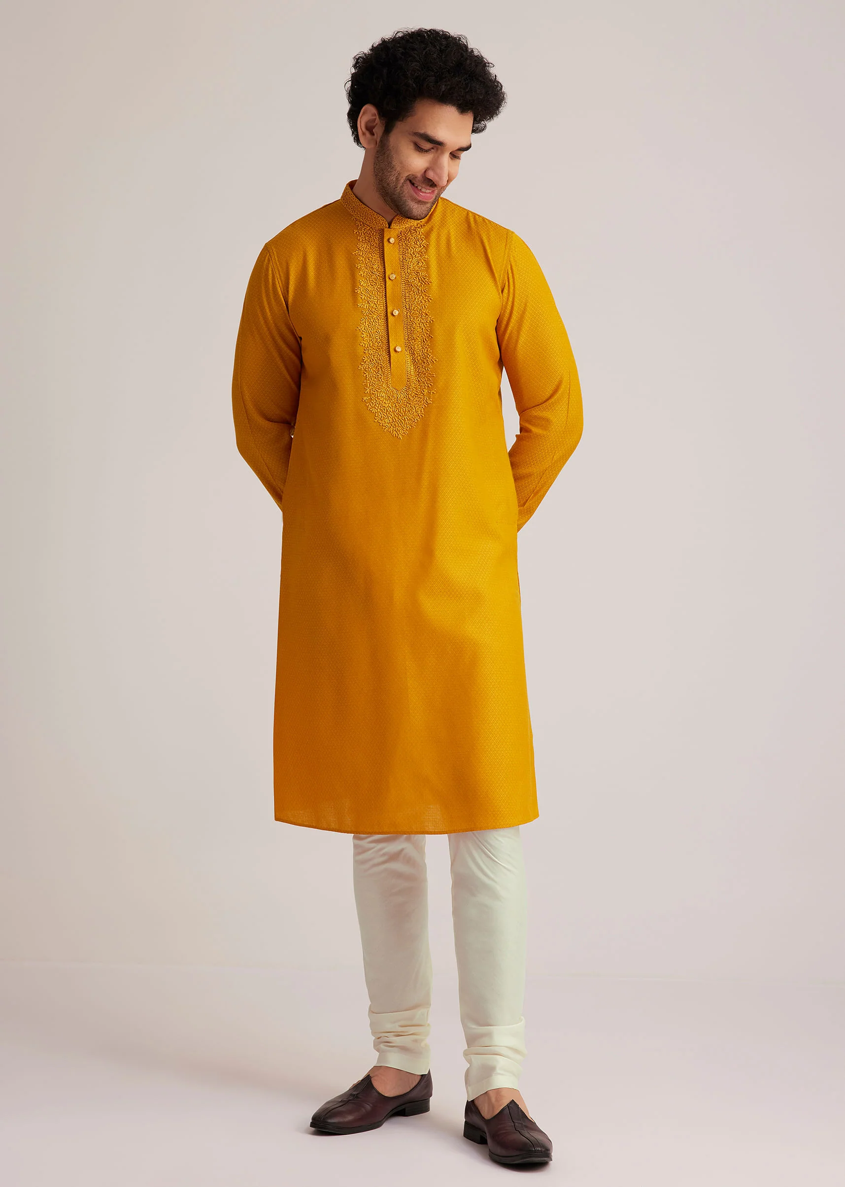 Yellow Embroidered Silk Kurta Set - Image 4