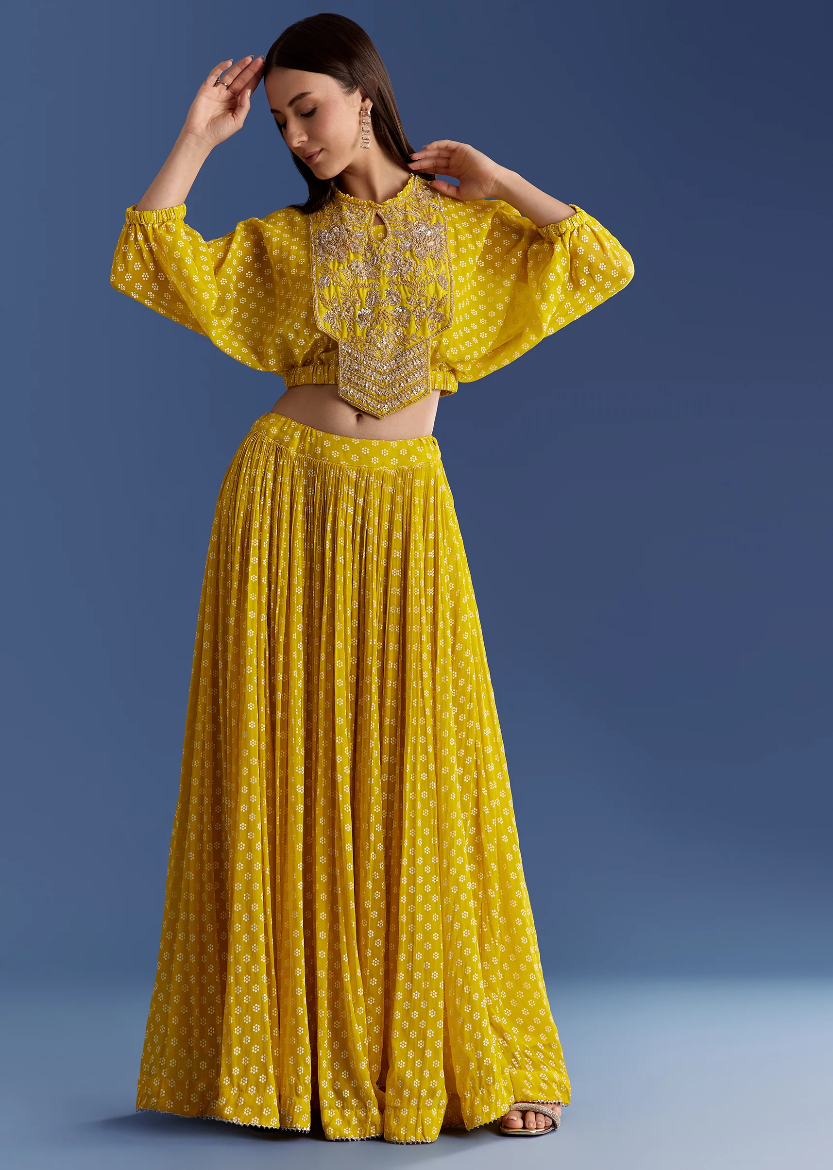 Yellow Floral Georgette Lehenga Set With Zardosi Croptop - Image 4