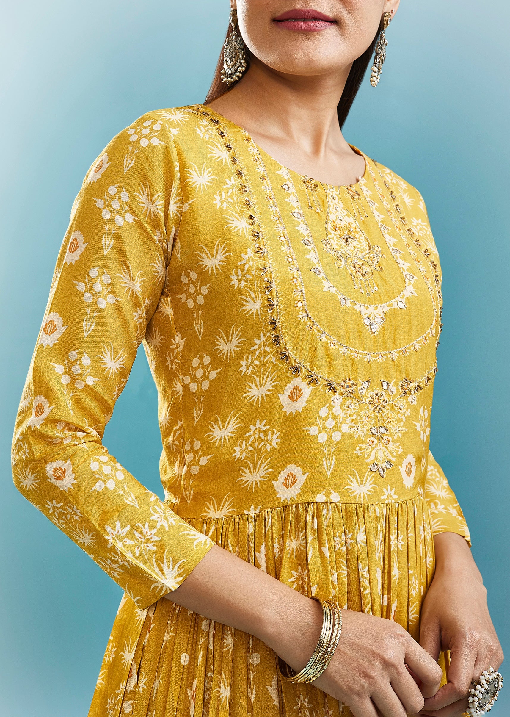 Yellow Floral Kurti With Zari Work - Image 3
