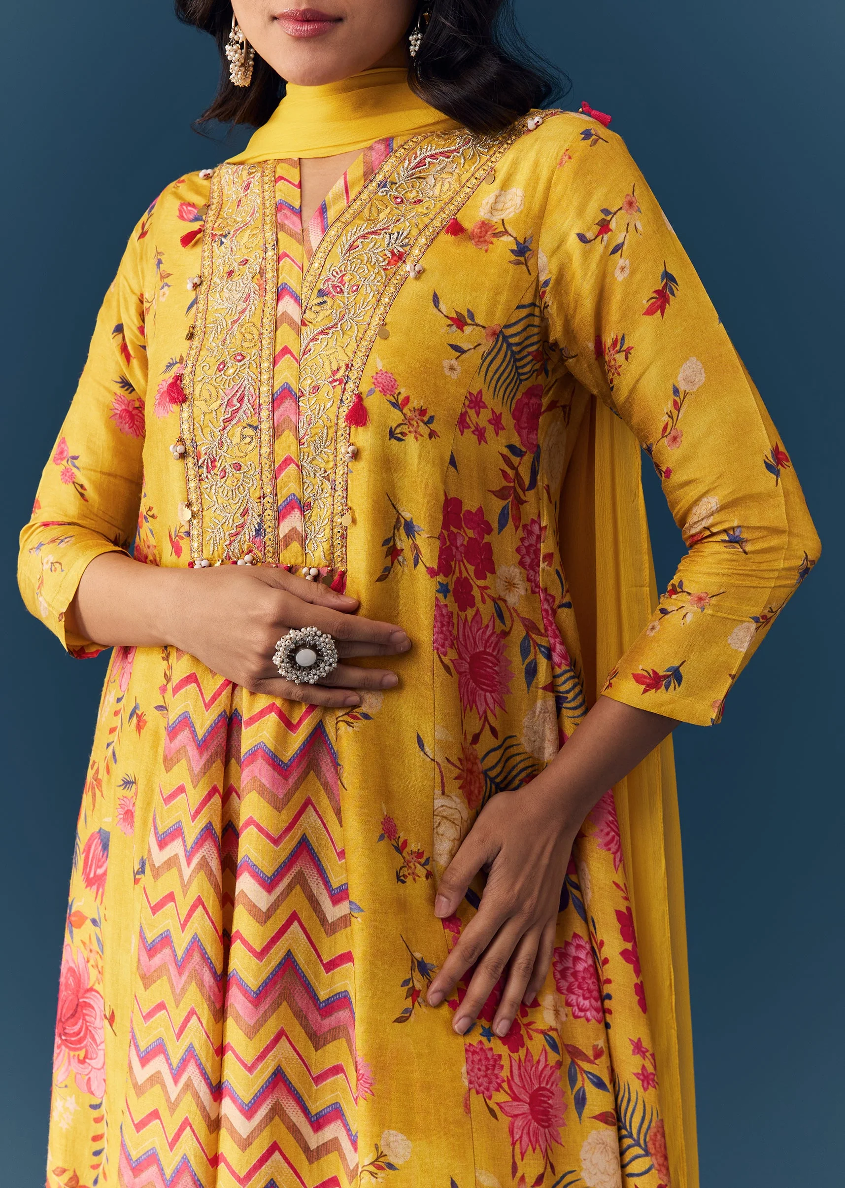 Yellow Floral Print Anarkali Set - Image 2