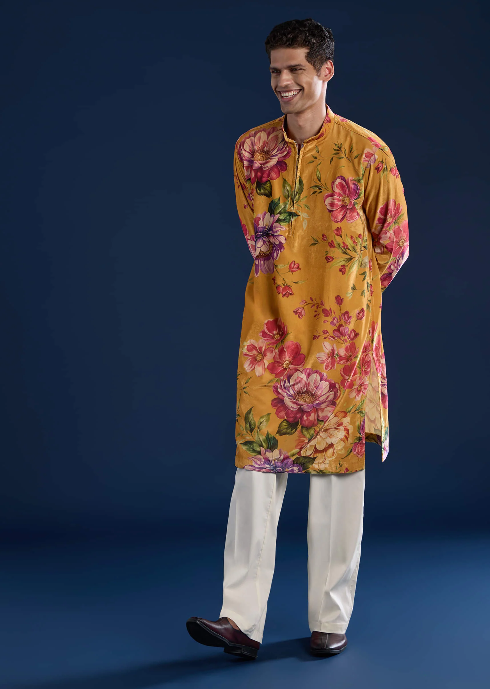 Yellow Floral Print Mens Kurta and Pant Set - Image 3