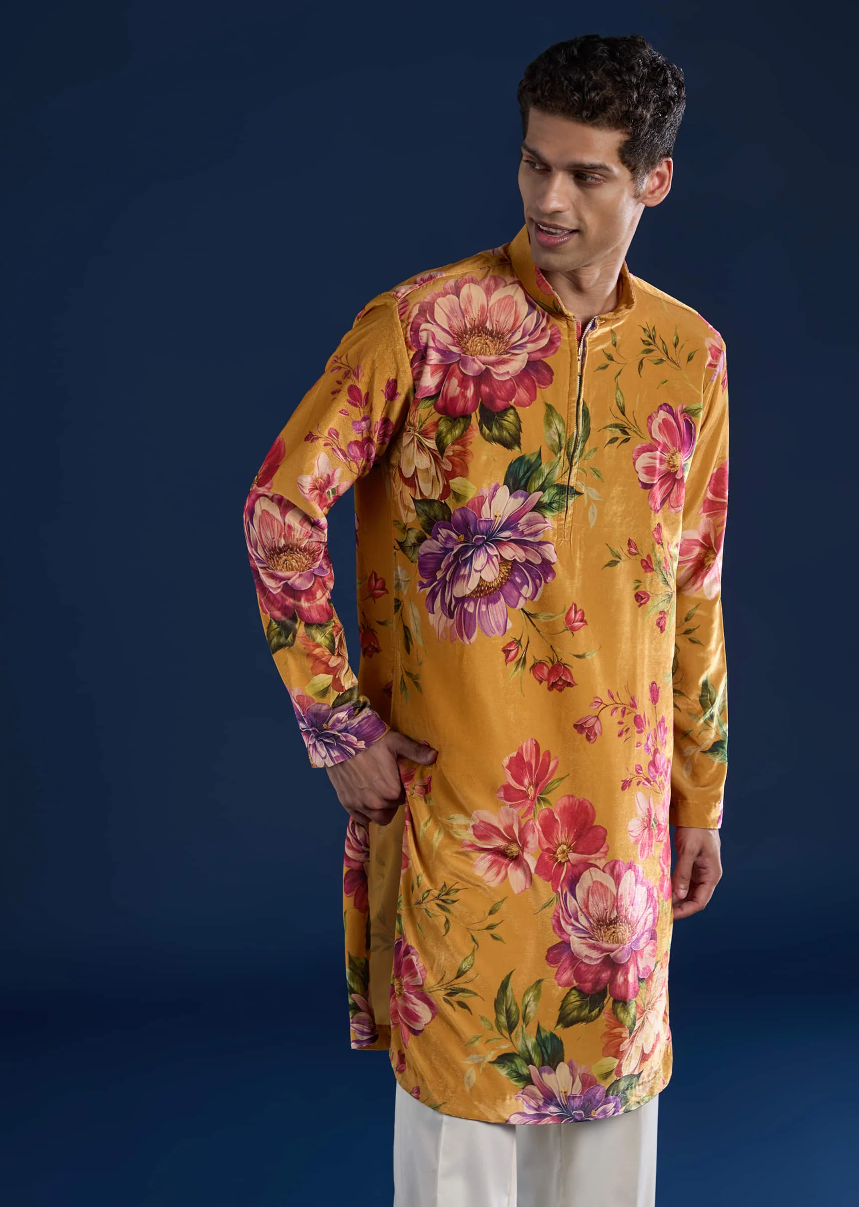 Yellow Floral Print Mens Kurta and Pant Set - Image 4