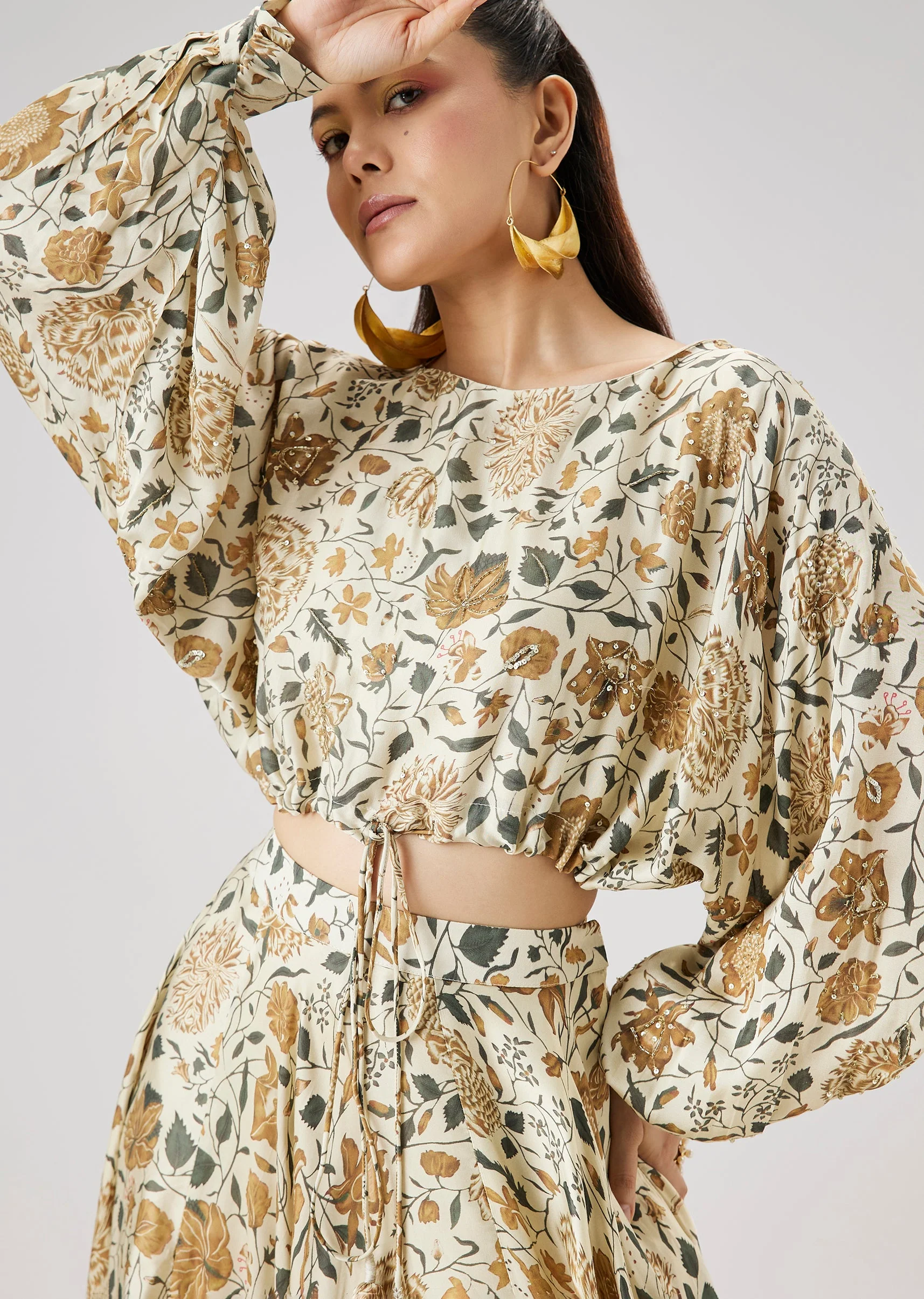 Yellow Floral Printed Crop Top And Skirt Set - Image 2