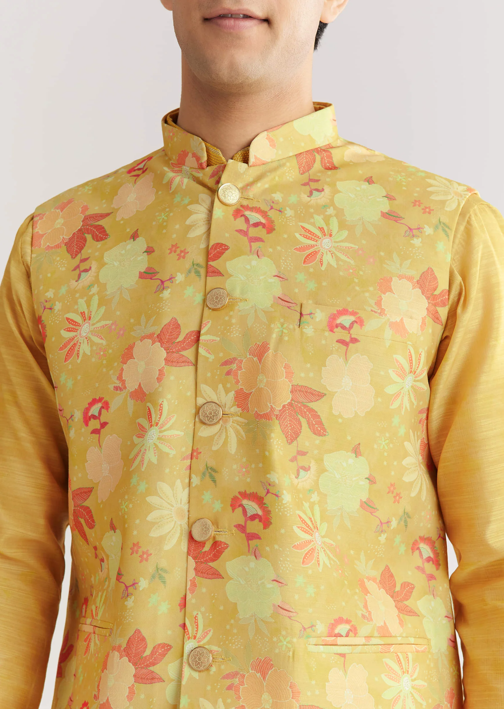 Yellow Floral Printed Jacket Kurta Set - Image 3