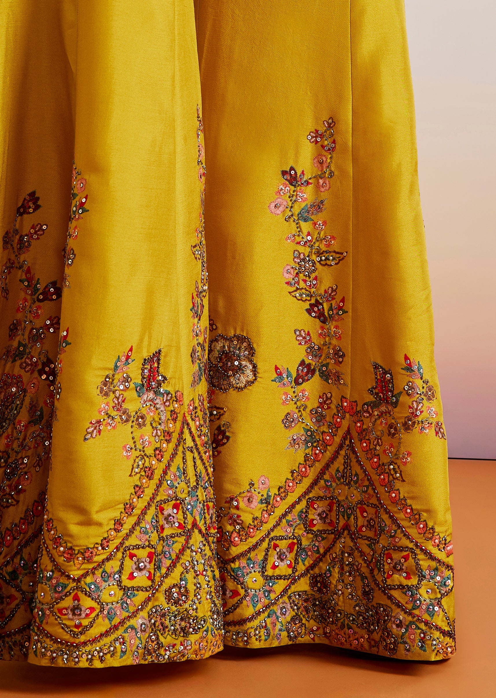 Yellow Floral Printed Silk Blend Crop Top Palazzo Set - Image 4