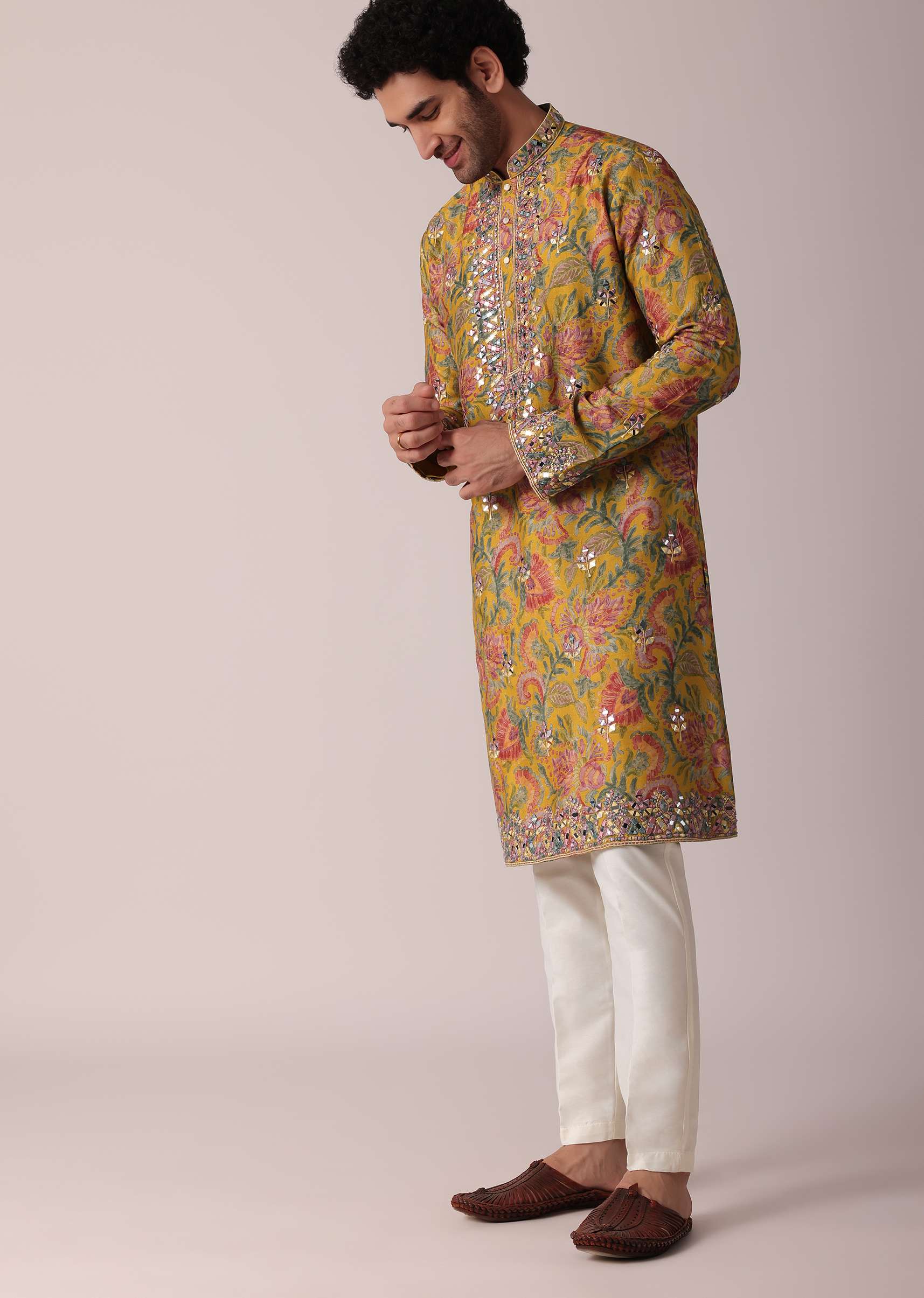Yellow Floral Printed Silk Kurta Set For Men - Image 2
