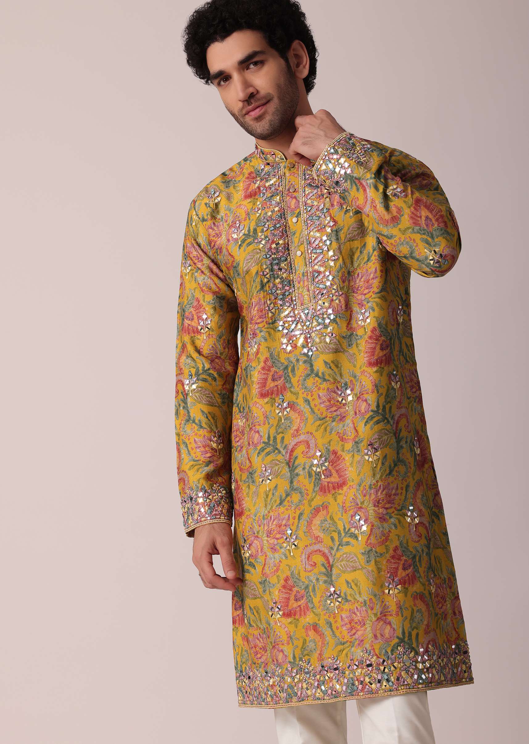 Yellow Floral Printed Silk Kurta Set For Men - Image 3