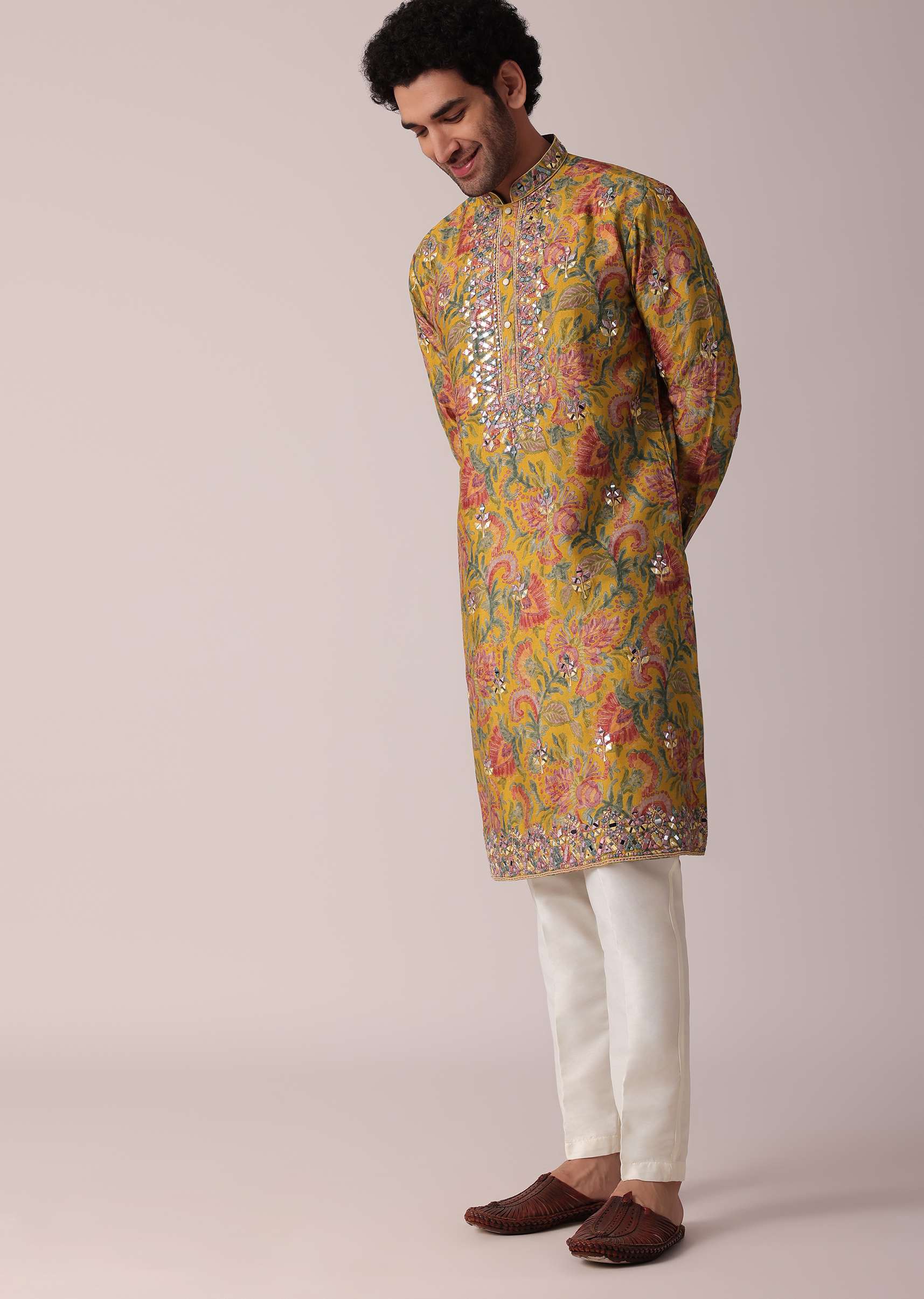 Yellow Floral Printed Silk Kurta Set For Men - Image 4