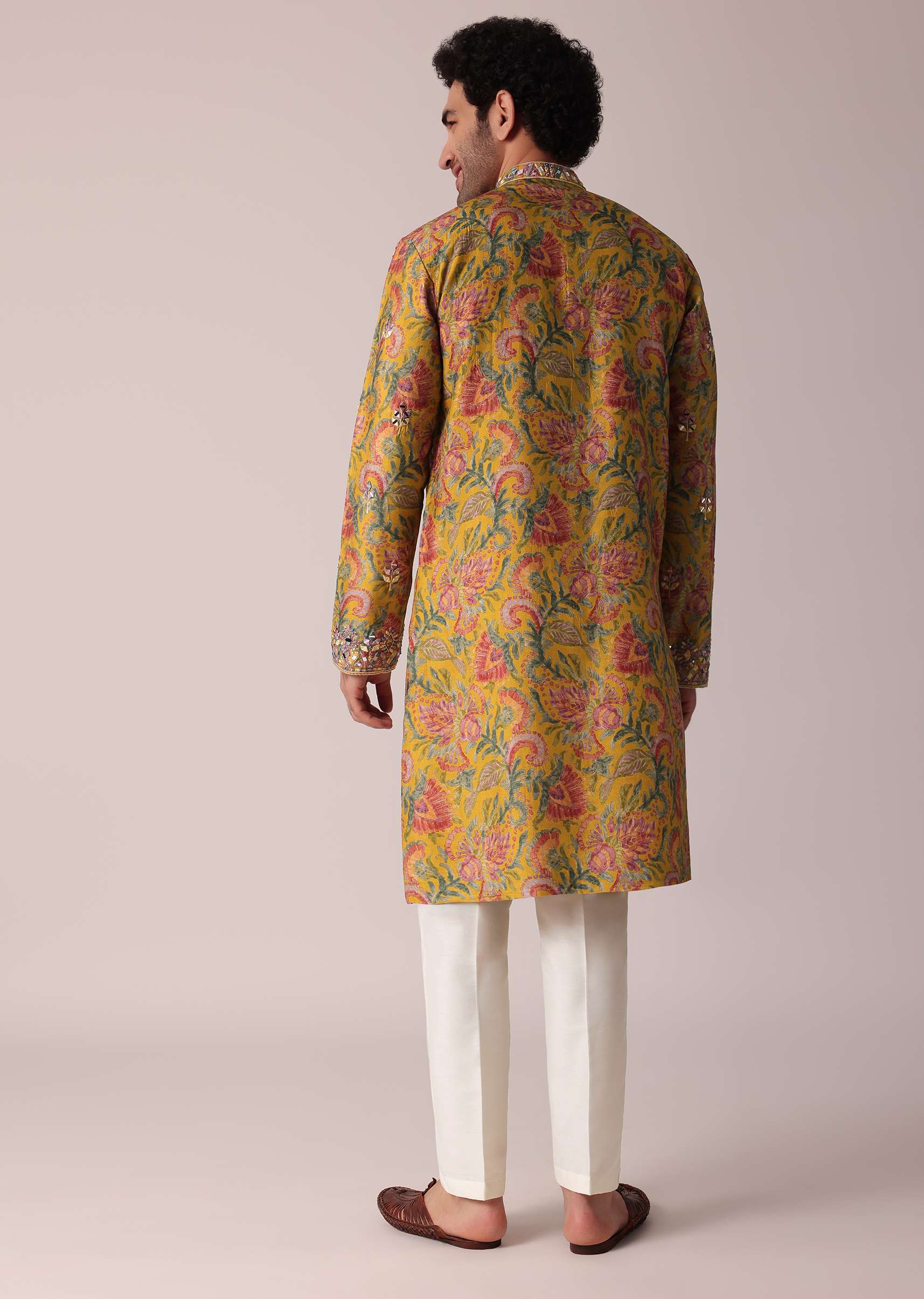 Yellow Floral Printed Silk Kurta Set For Men - Image 5