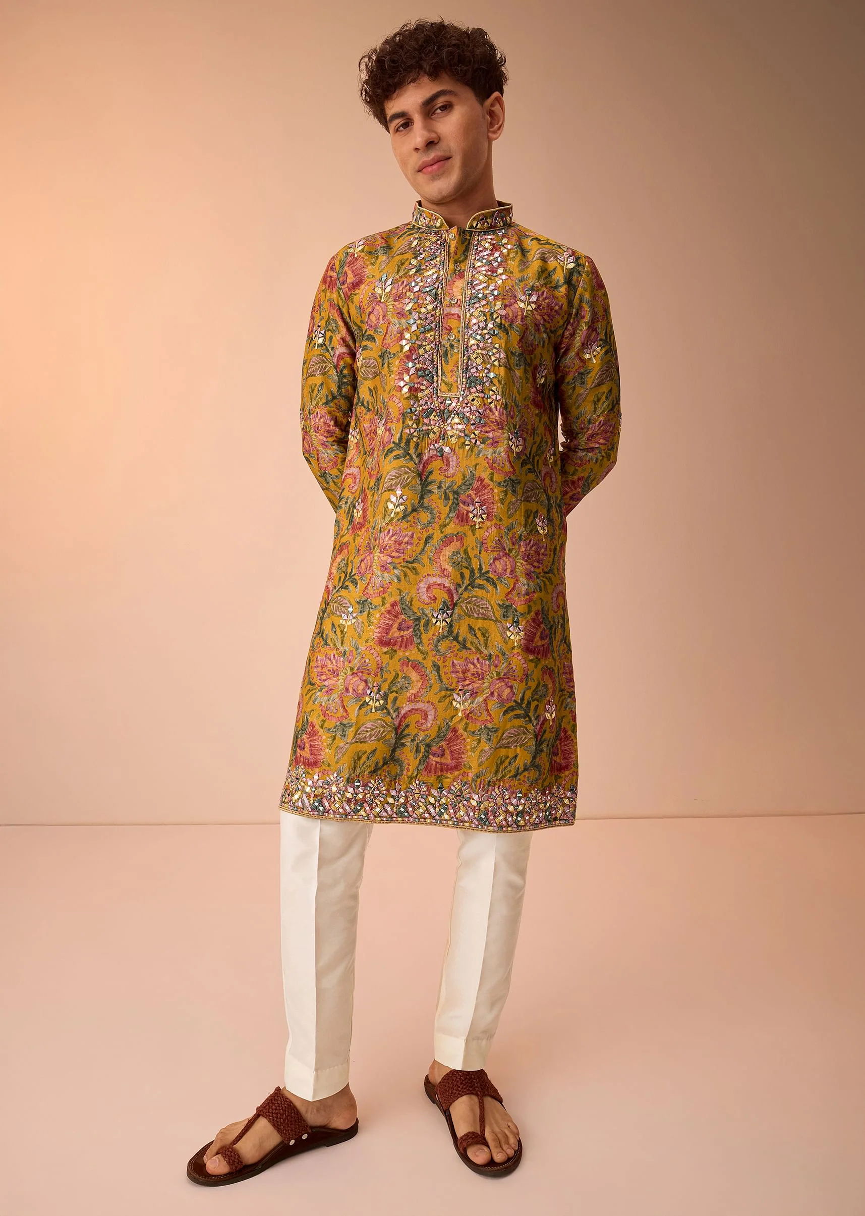 Yellow Floral Printed Silk Kurta Set For Men - Image 7