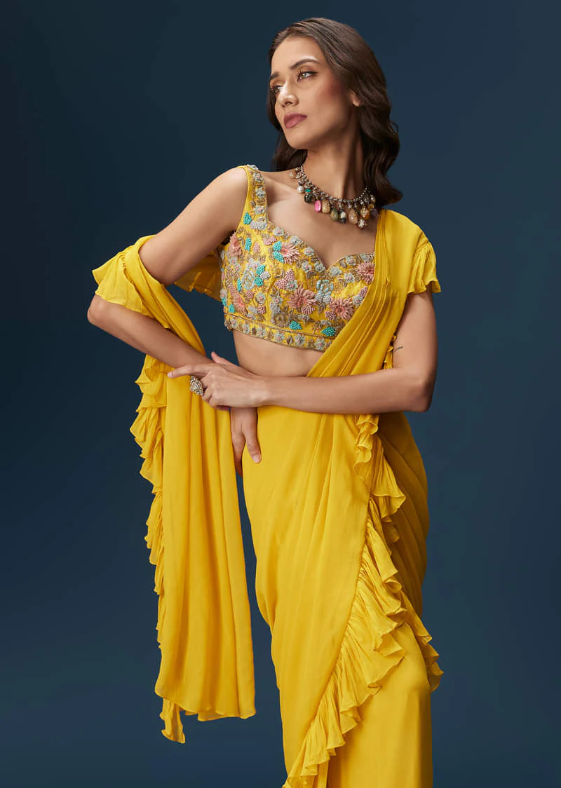 Yellow Frill Saree With Floral Embroidery - Image 3