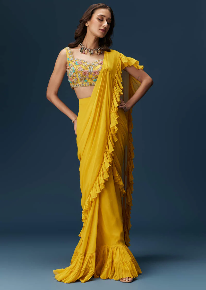 Yellow Frill Saree With Floral Embroidery - Image 5