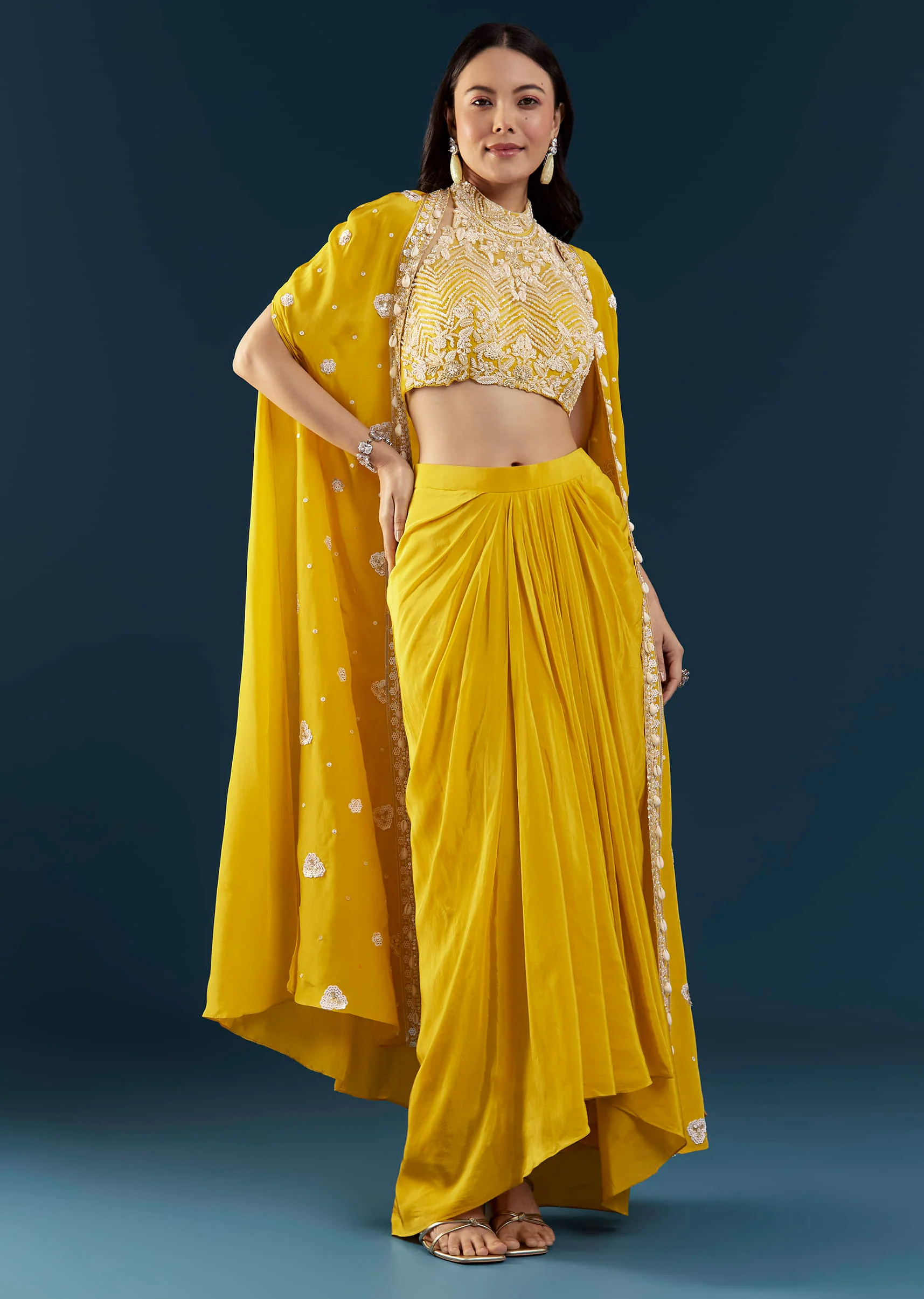 Yellow Fusion Crop Top Skirt Set with Cape - Image 3