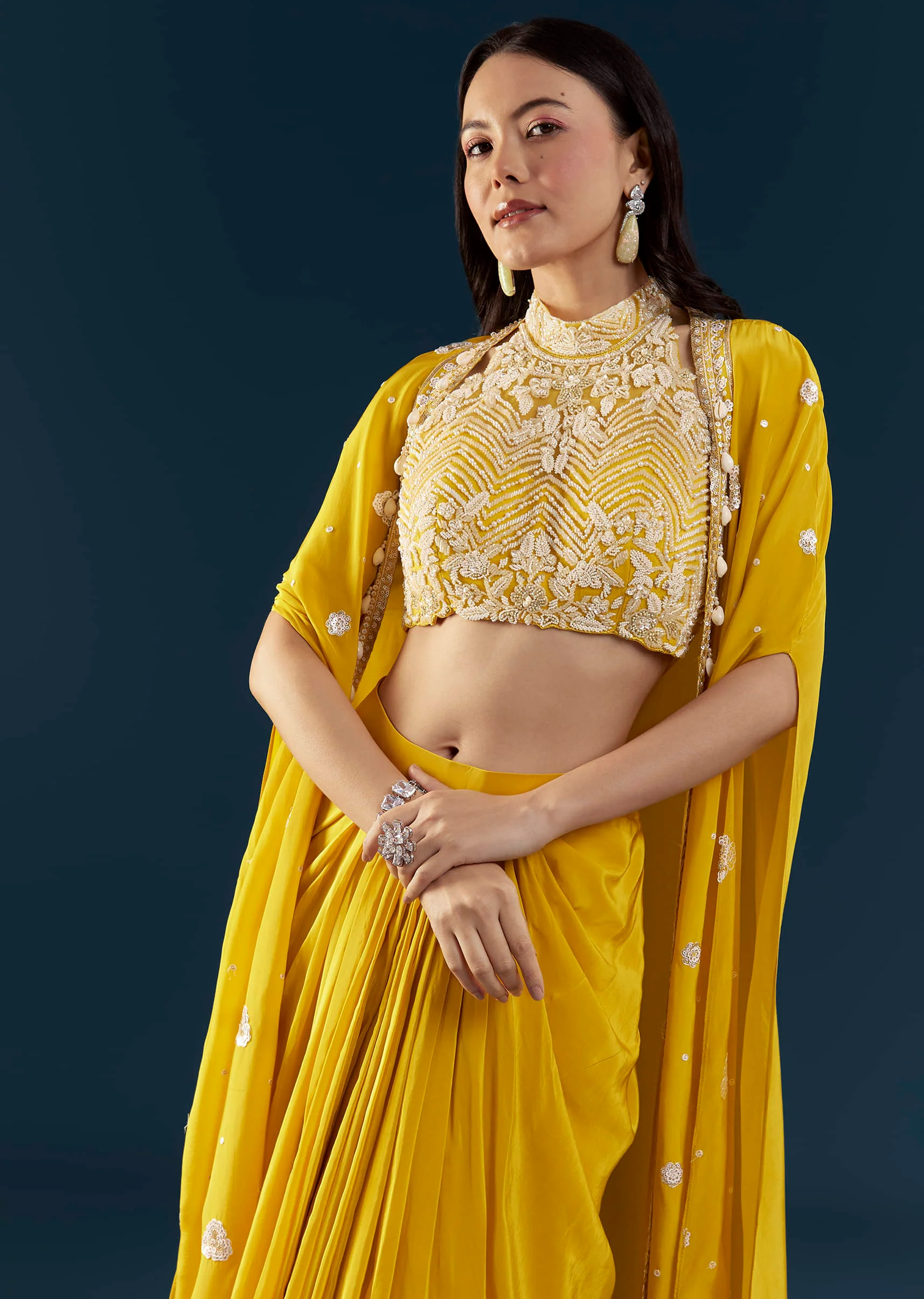 Yellow Fusion Crop Top Skirt Set with Cape - Image 4