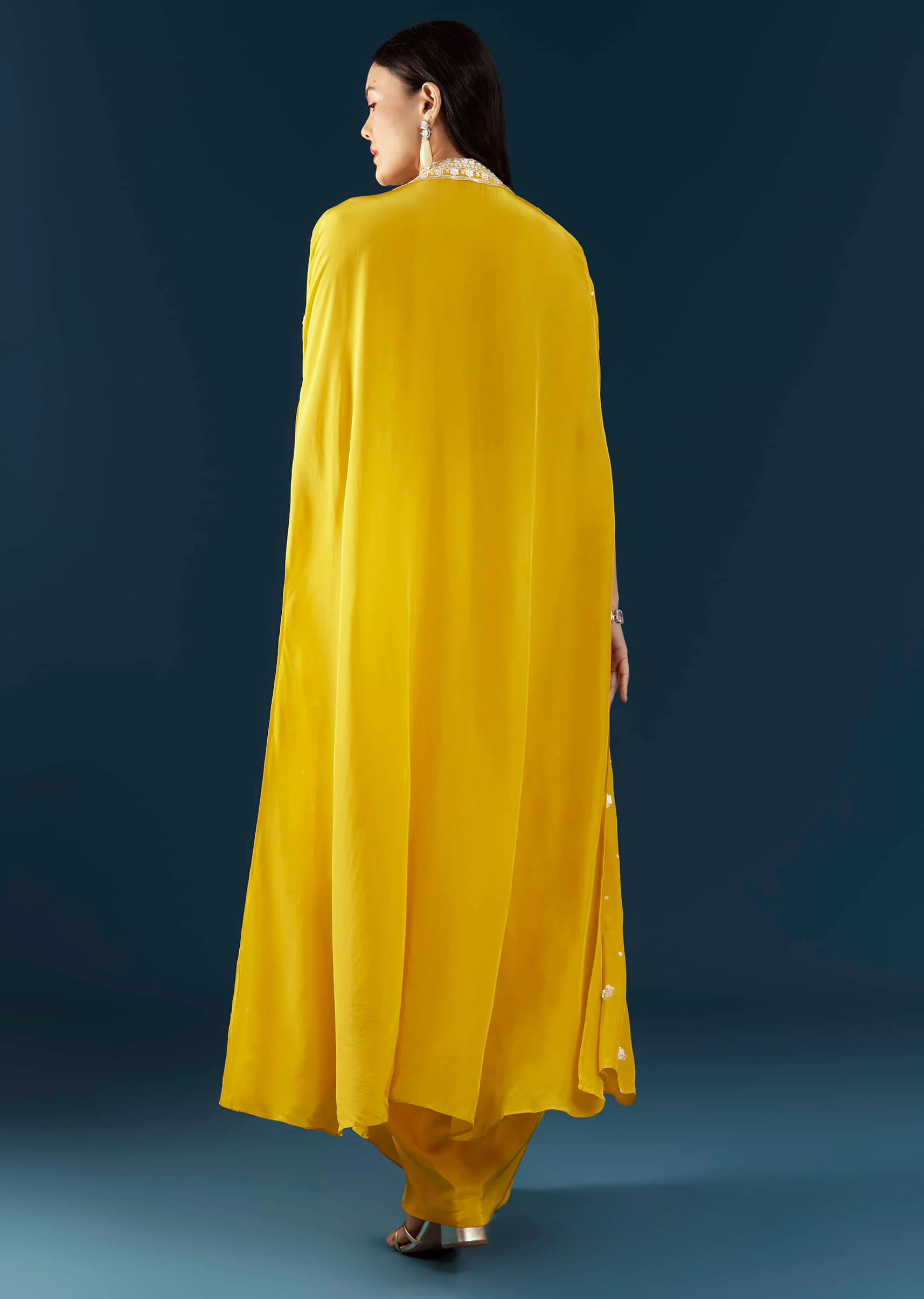 Yellow Fusion Crop Top Skirt Set with Cape - Image 5