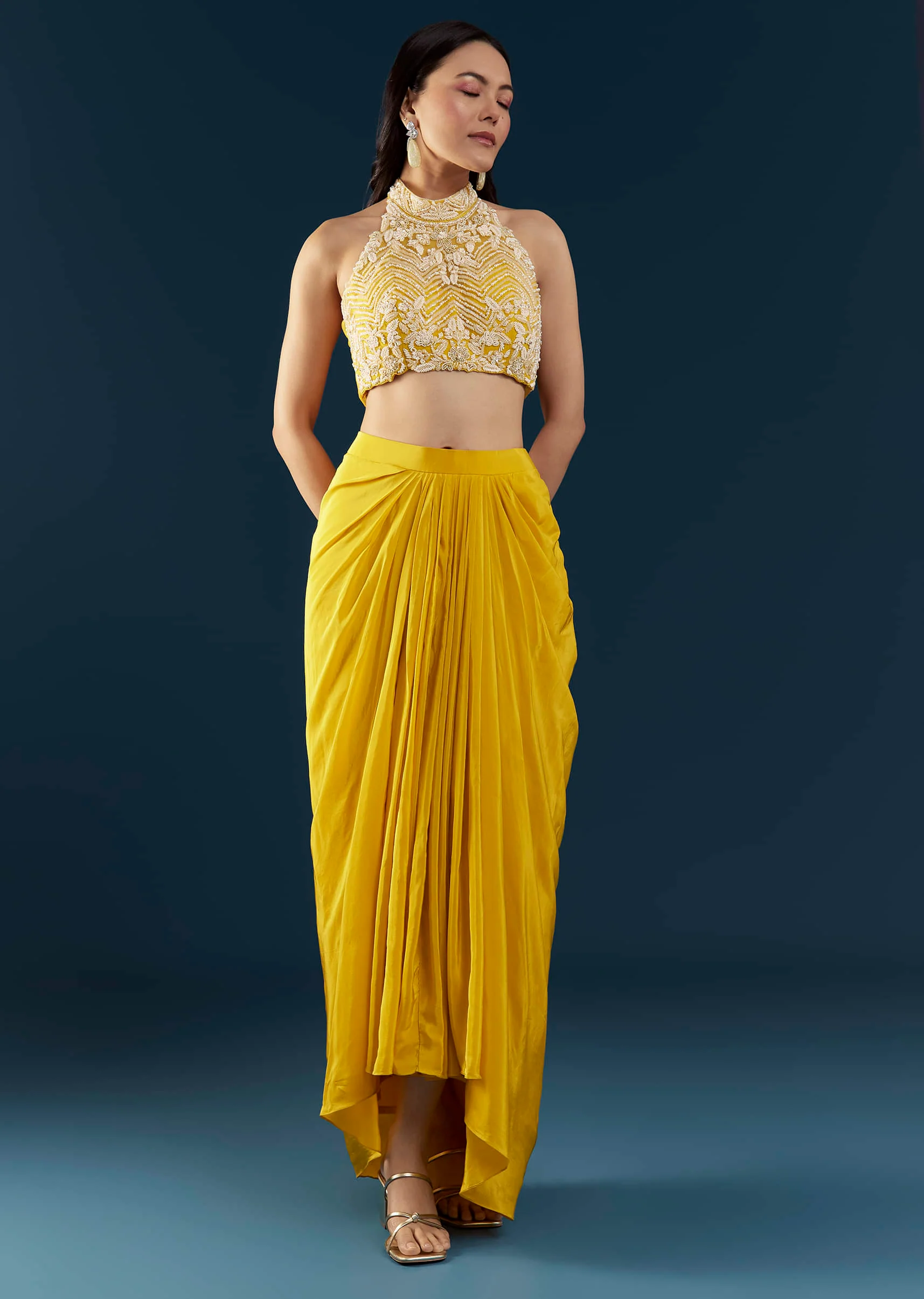 Yellow Fusion Crop Top Skirt Set with Cape - Image 6