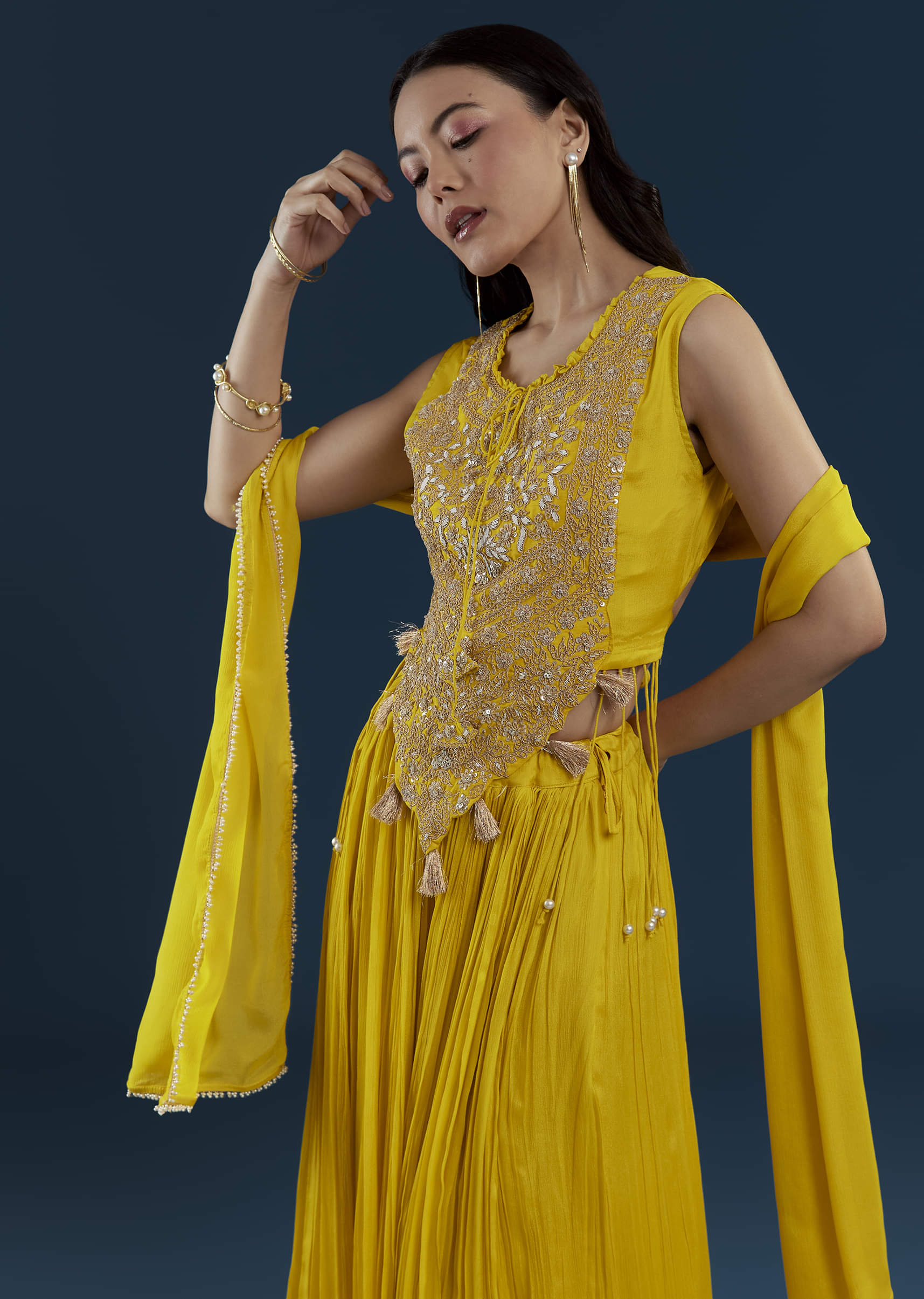 Yellow Fusion Crop Top Skirt Set with Zardozi Work - Image 4
