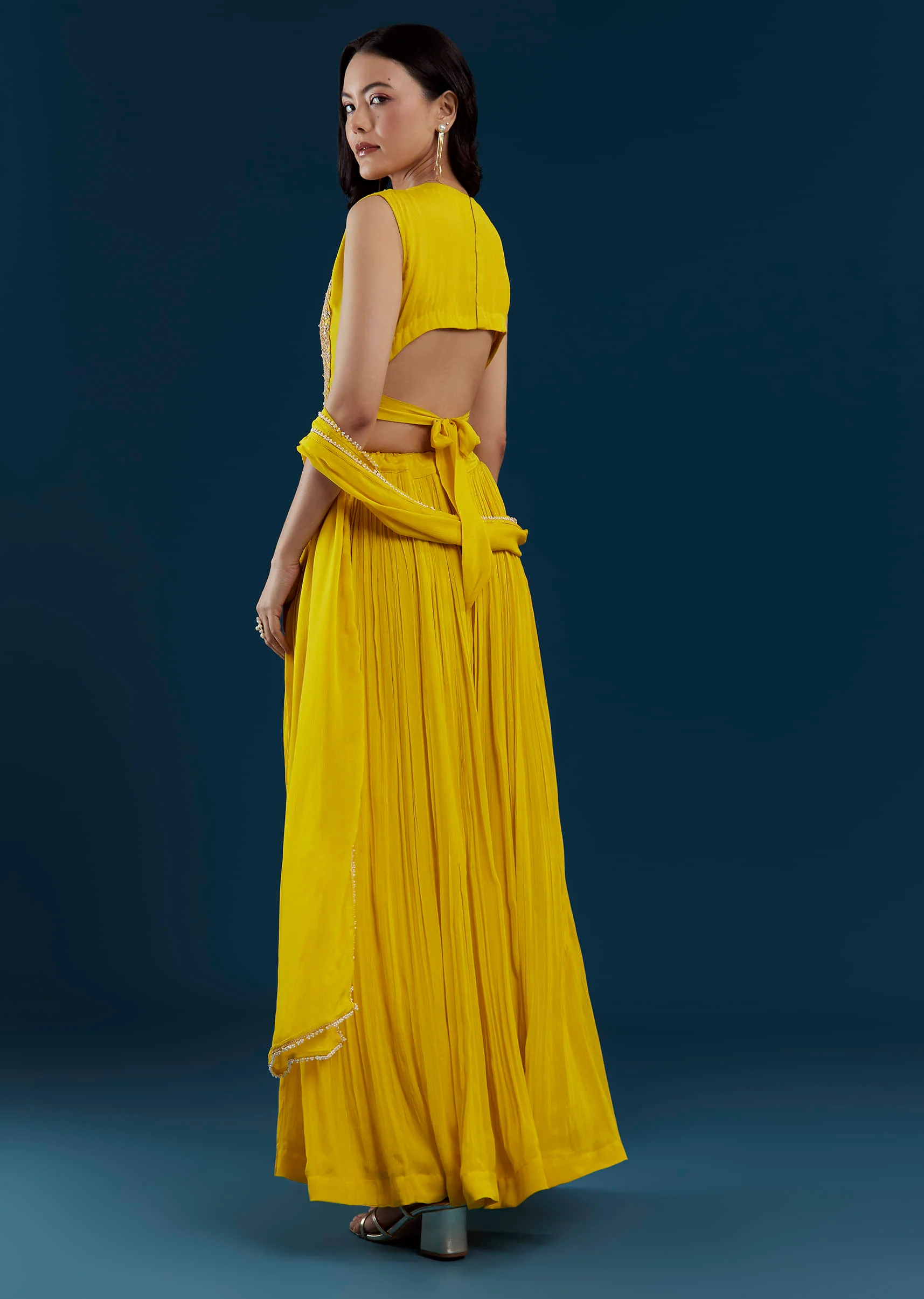 Yellow Fusion Crop Top Skirt Set with Zardozi Work - Image 5
