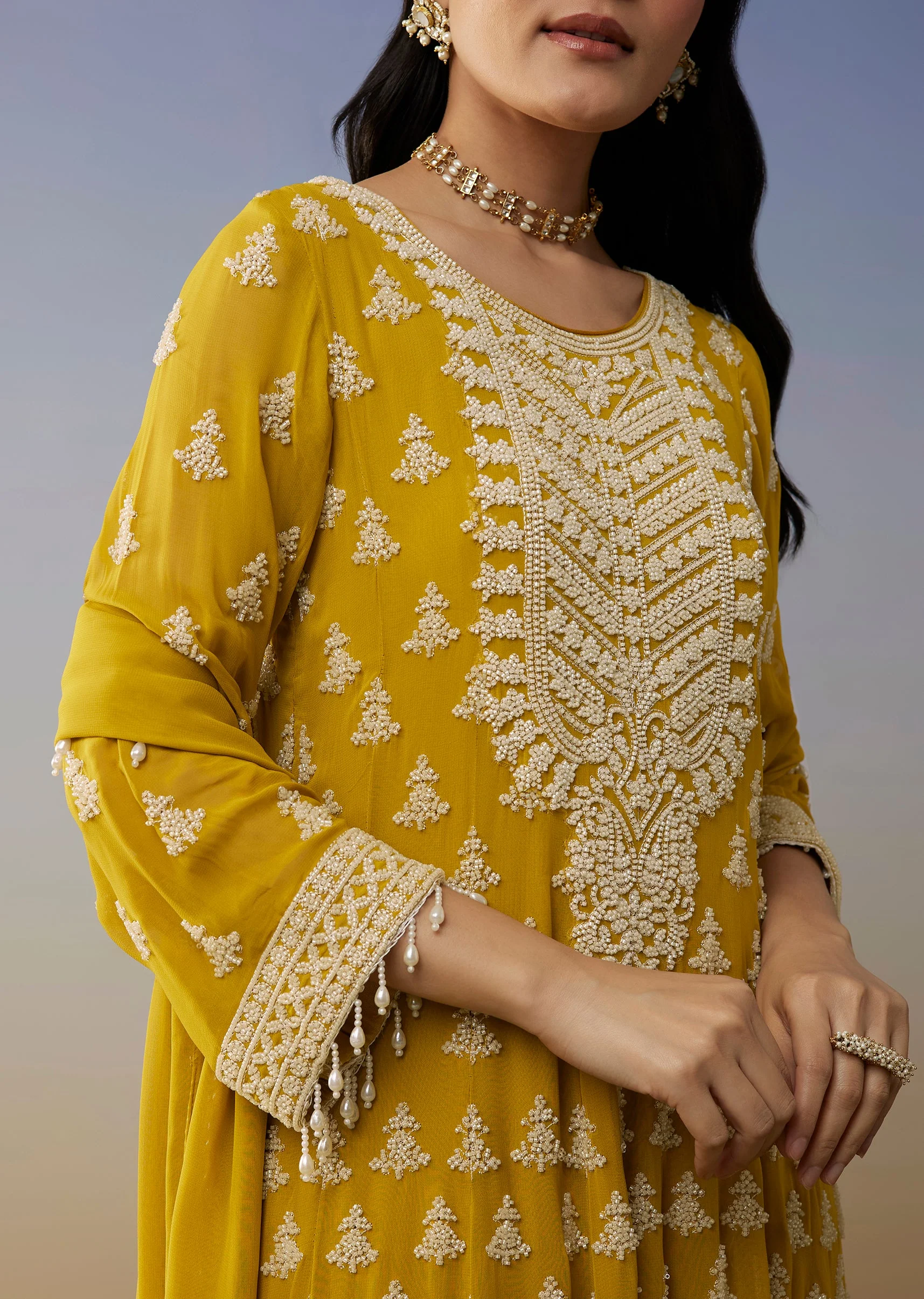 Yellow Georgette Anarkali Suit with Beads Detail Work - Image 2
