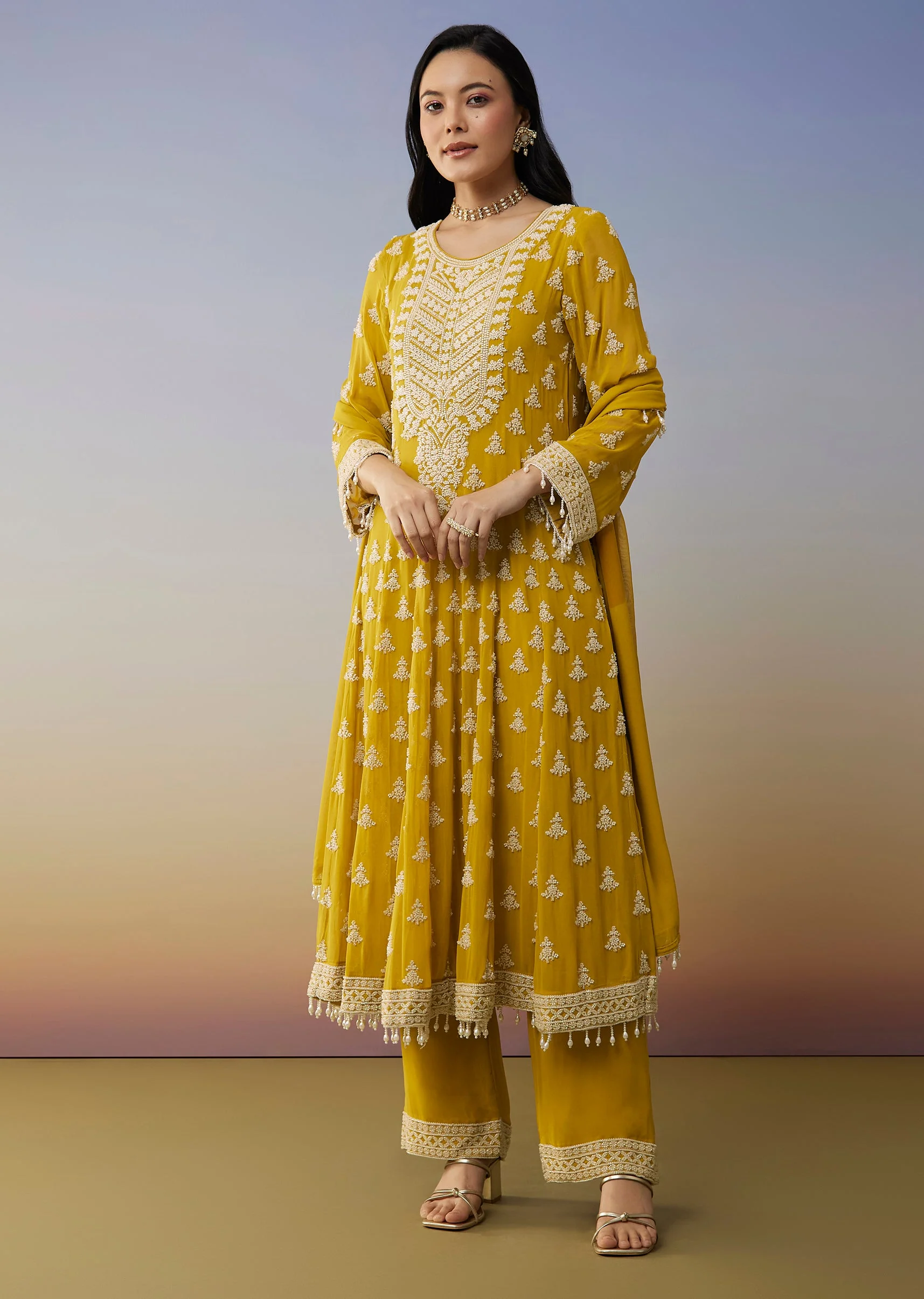 Yellow Georgette Anarkali Suit with Beads Detail Work - Image 3