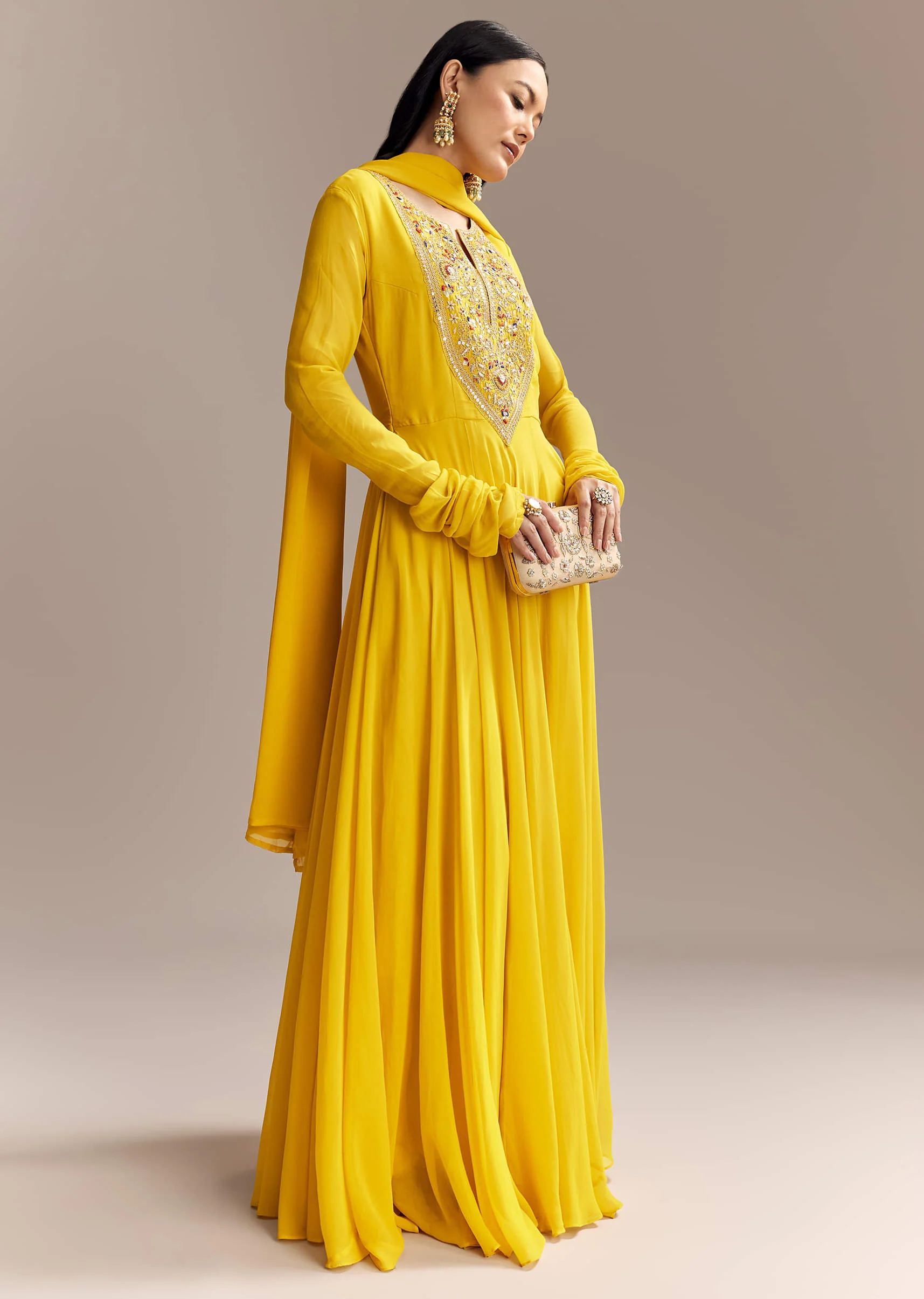 Yellow Georgette Anarkali Suit With Zari And Resham Work - Image 2