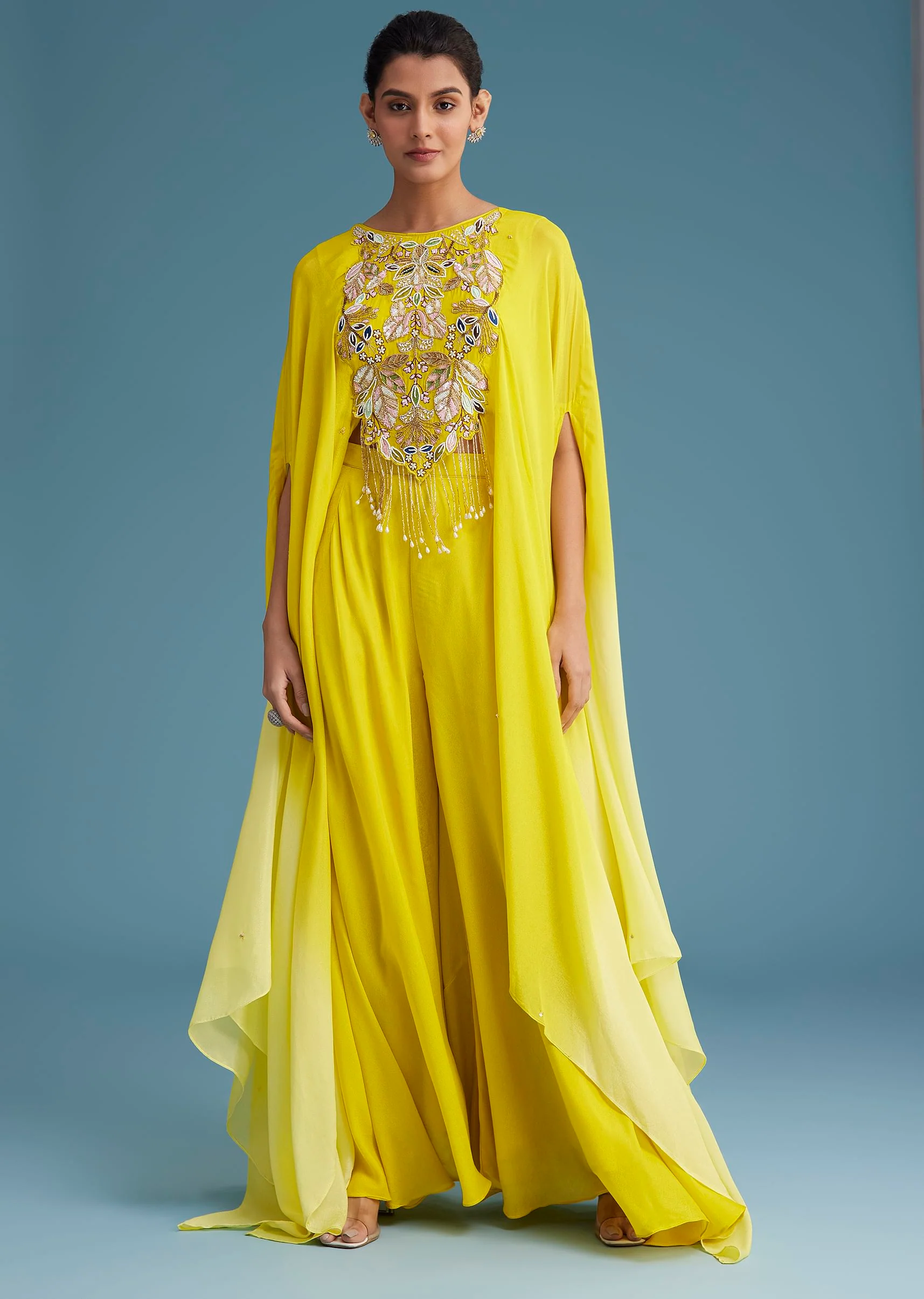 Yellow Georgette Crepe Palazzo Set With Ombre Sleeves - Image 3