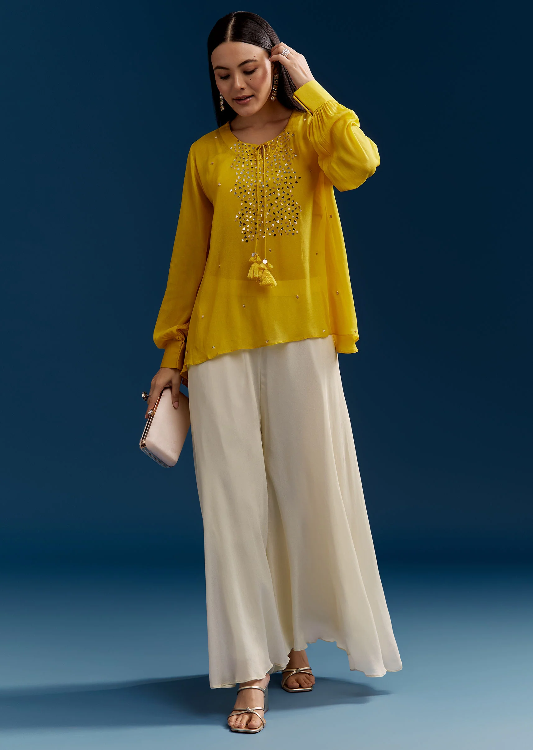 Yellow Georgette Crop Top With Mirror Work - Image 3