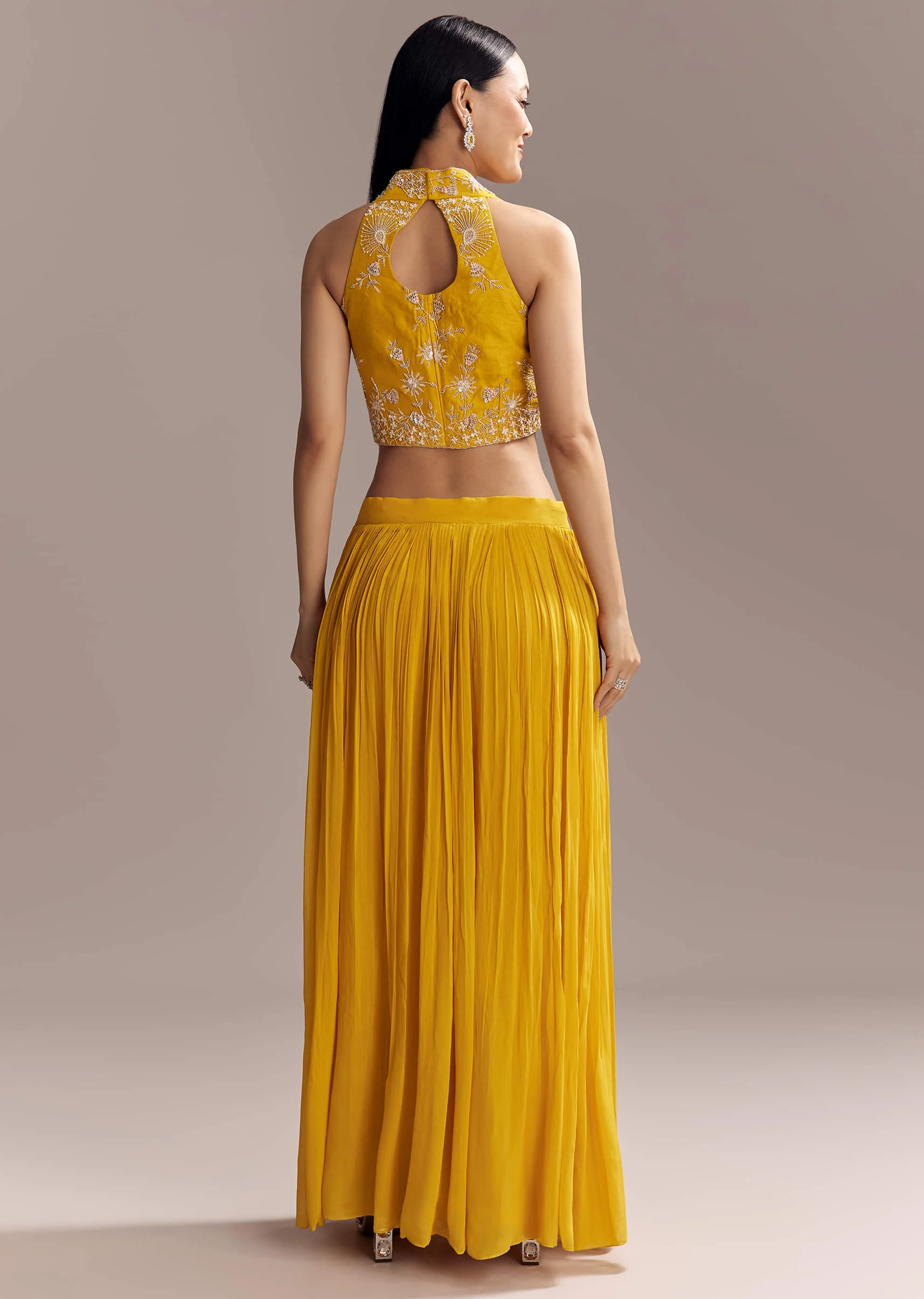 Yellow Georgette Embellished Crop Top And Palazzo Set With Cutdana Work - Image 5