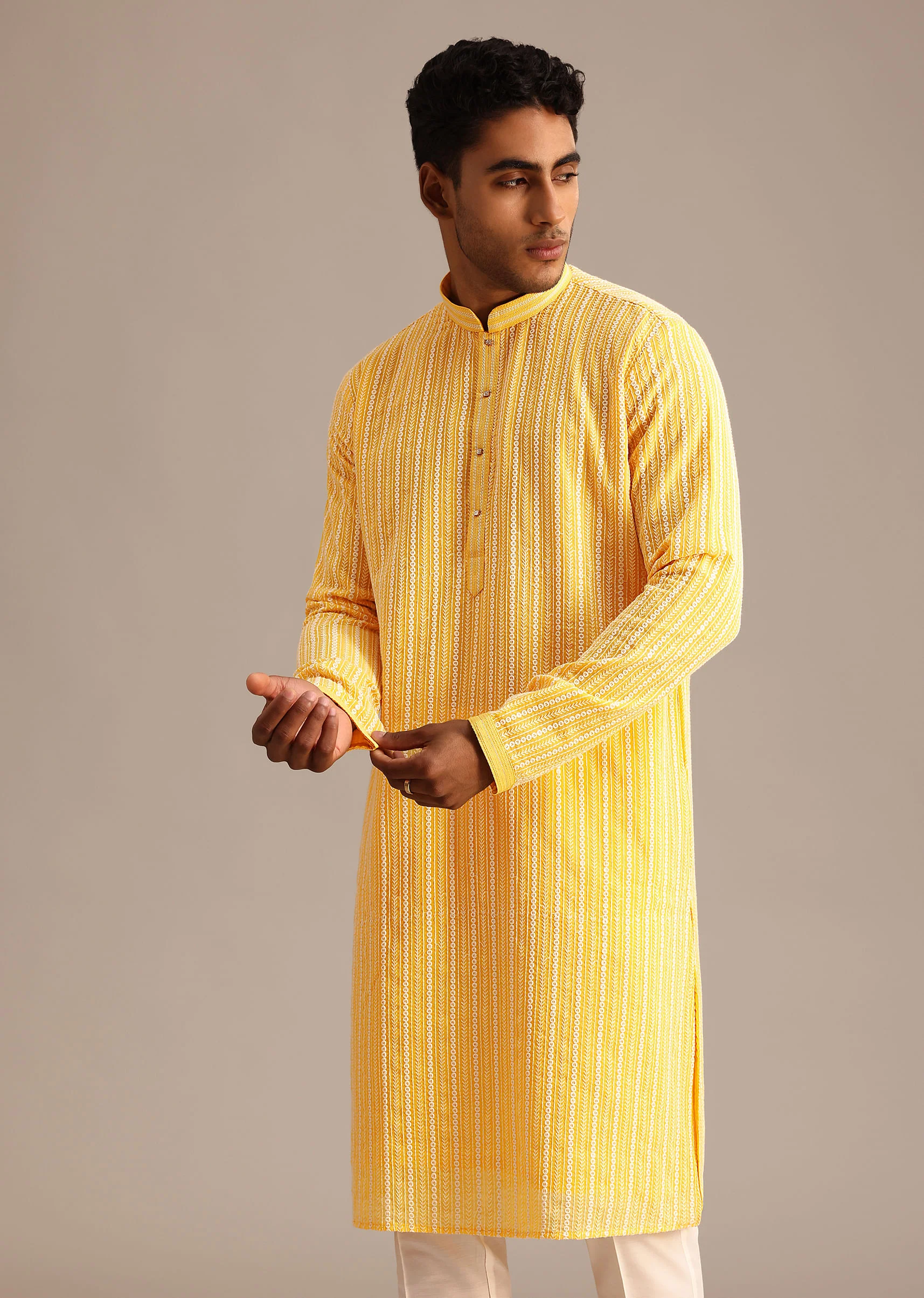 Yellow Georgette Kurta Set With Resham Work - Image 3