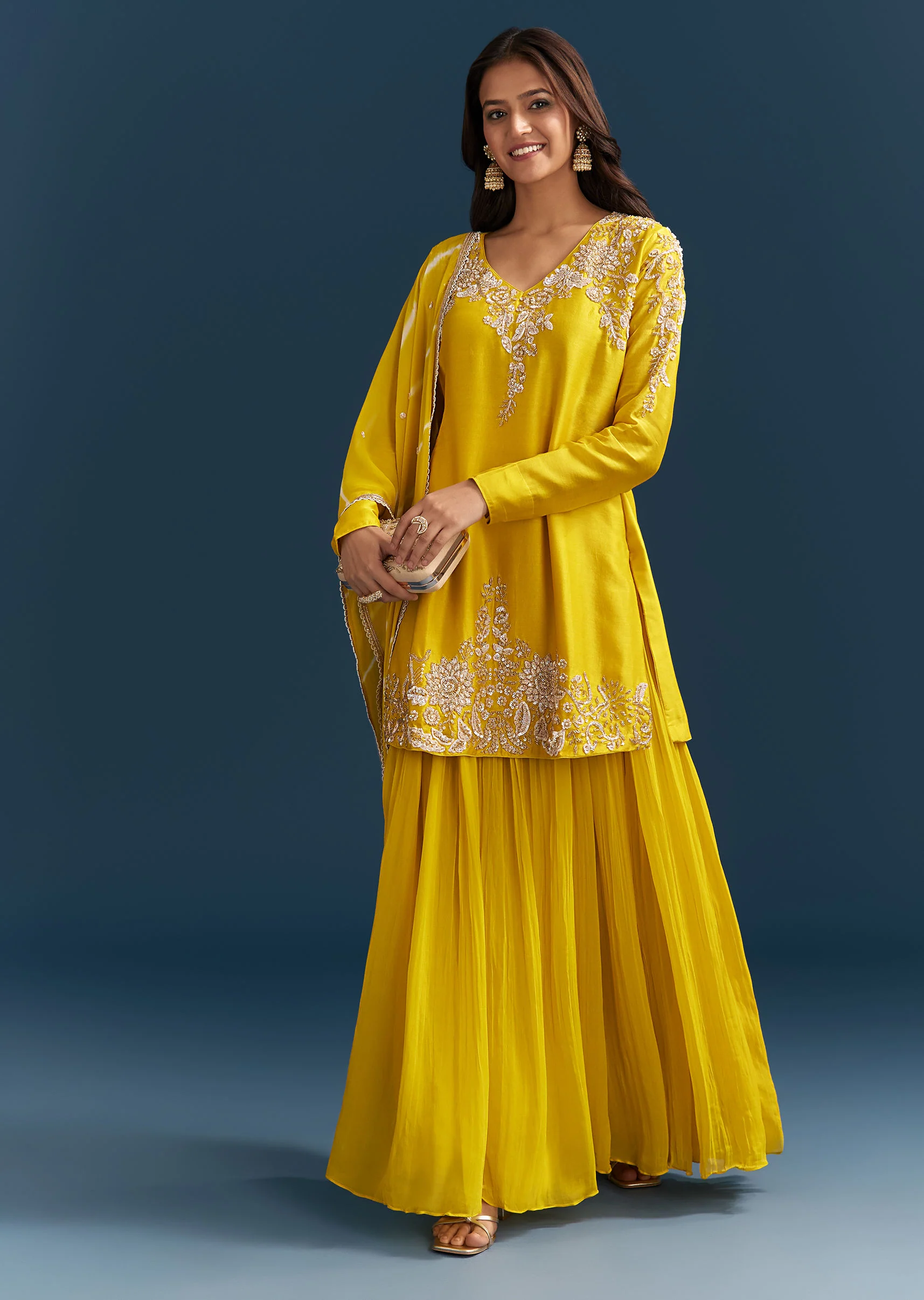 Yellow Georgette Kurta Skirt Set With Sequins Work And Dupatta - Image 4