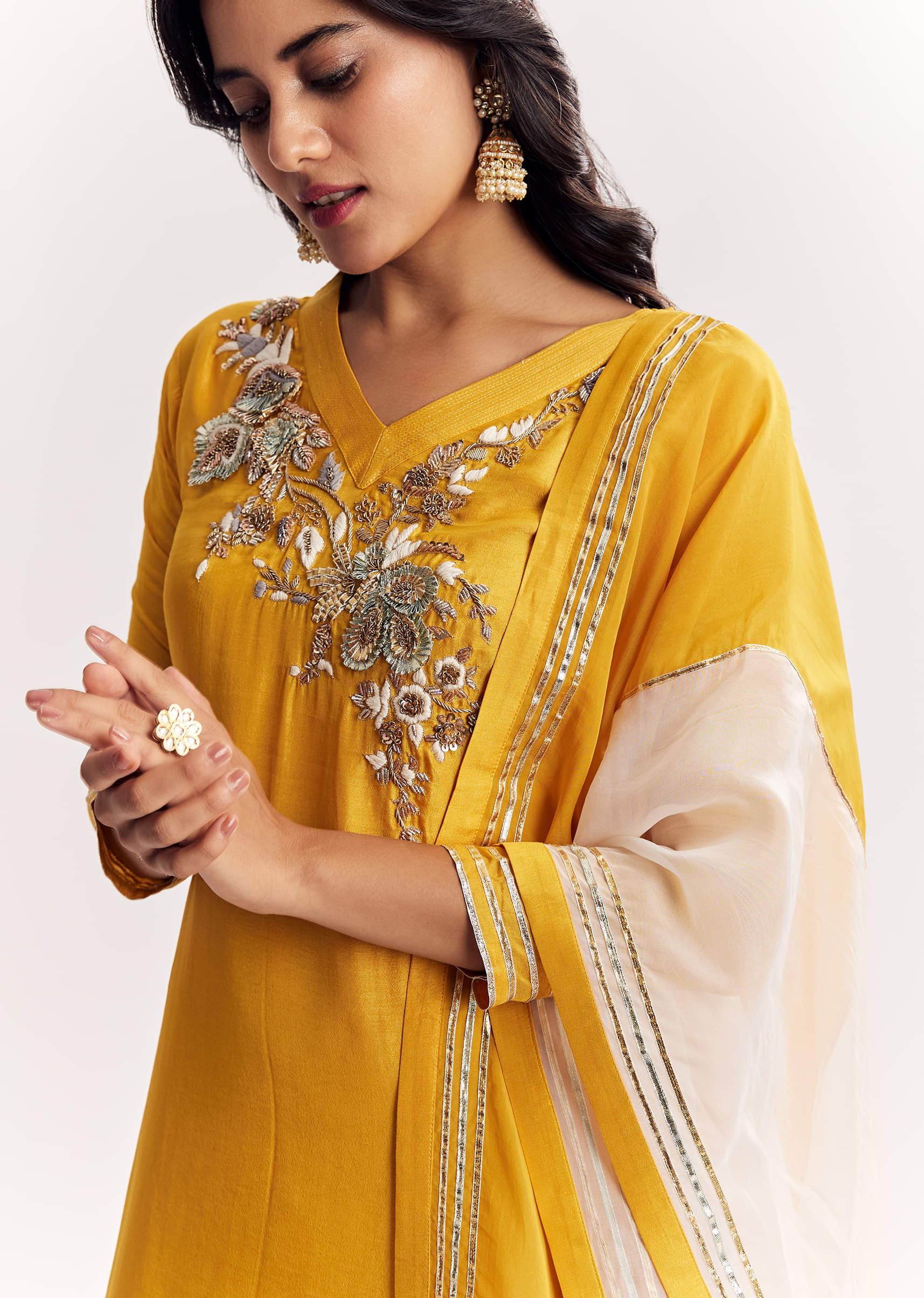 Yellow Gotta Work Kurta Sharara Suit In Russian Silk - Image 3