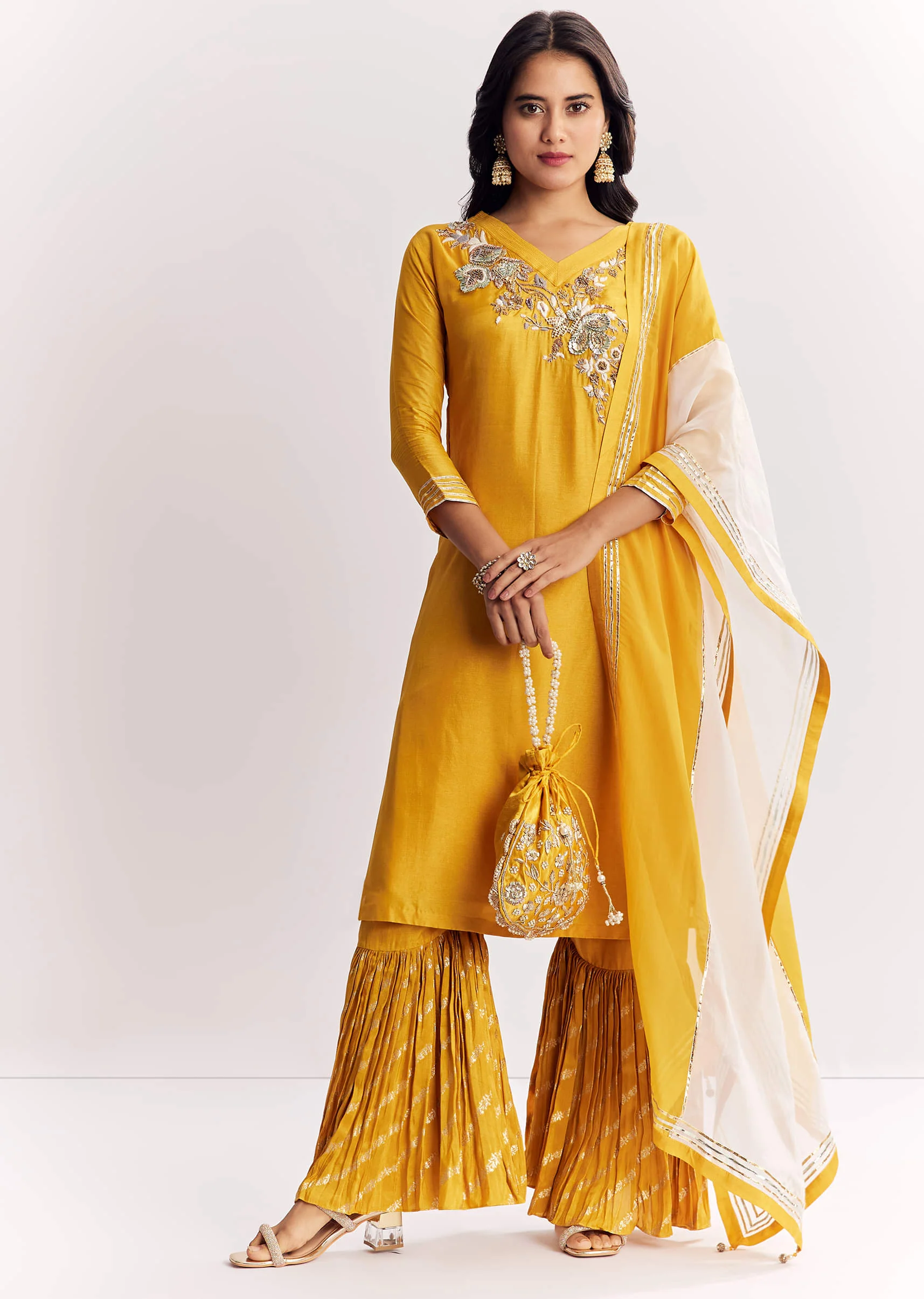 Yellow Gotta Work Kurta Sharara Suit In Russian Silk - Image 4