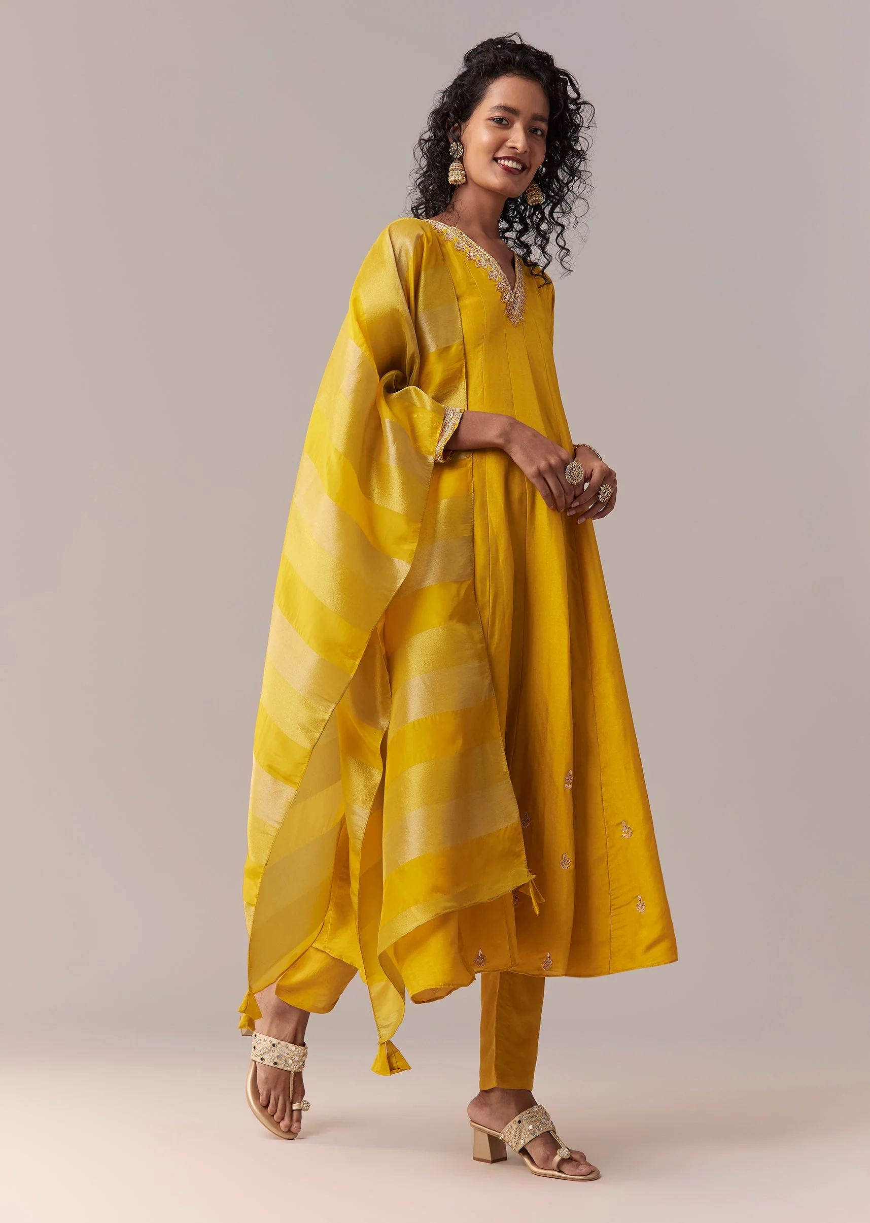 Yellow Gotta & Zardosi Anarkali Set With Dupatta - Image 2